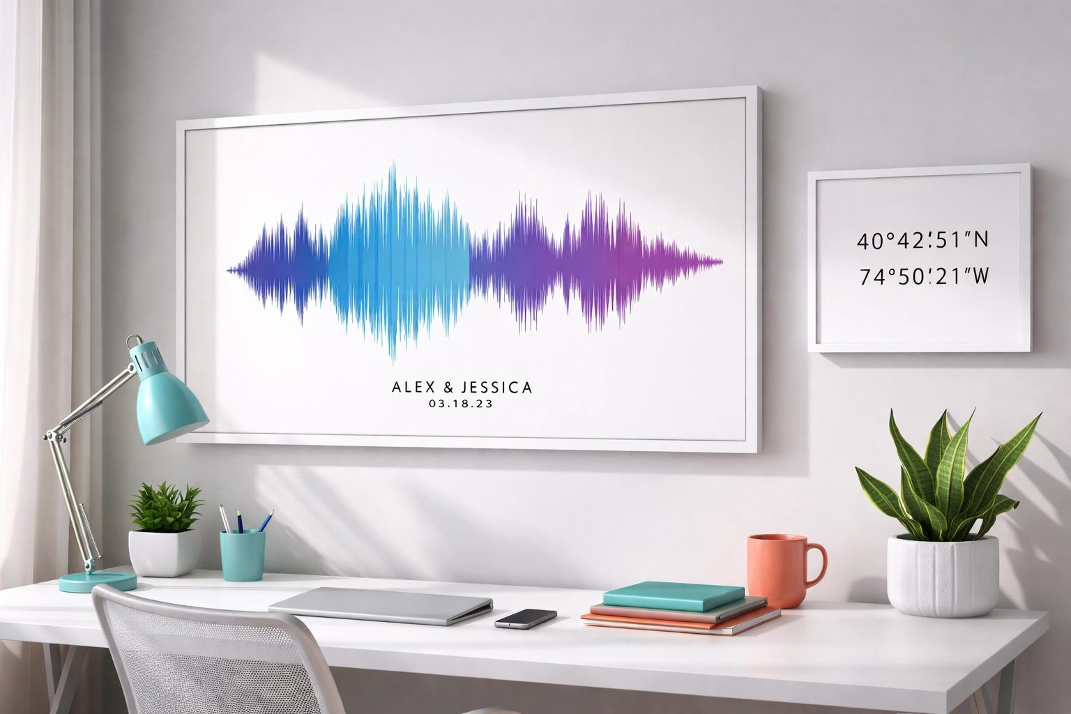 Personalized printable wall art with sound wave and coordinate prints for a creative, modern home office