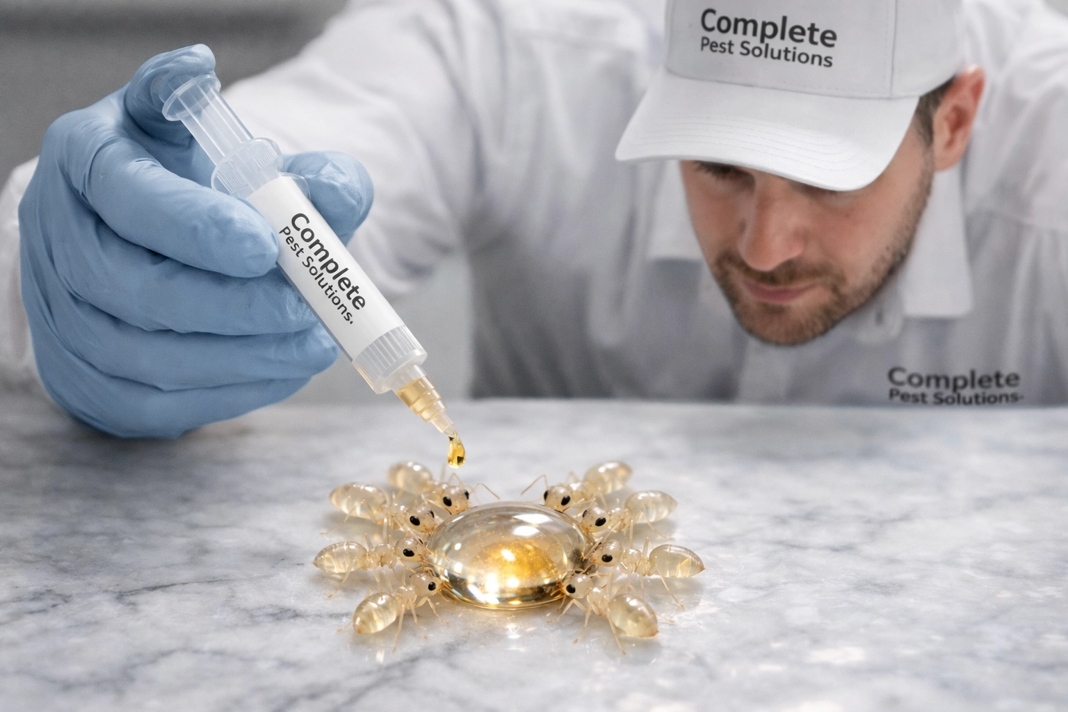 Ghost ants gathering around professional ant bait gel for effective sugar ant control in Naples.