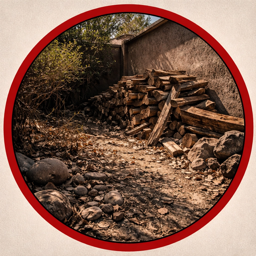Cluttered Arizona backyard with woodpile, leaves, and rocks, common hiding spots for scorpions and key pest control focus.