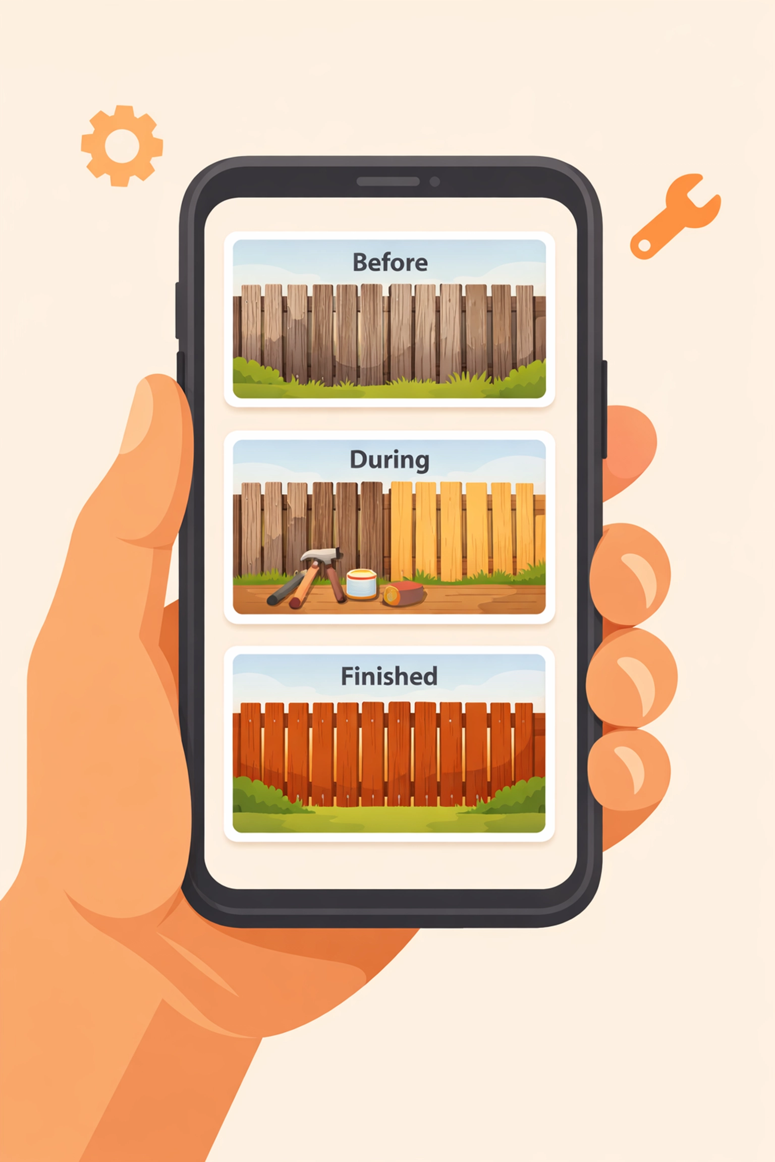 Contractor photo app showing a visual timeline of construction work from before to after completion.