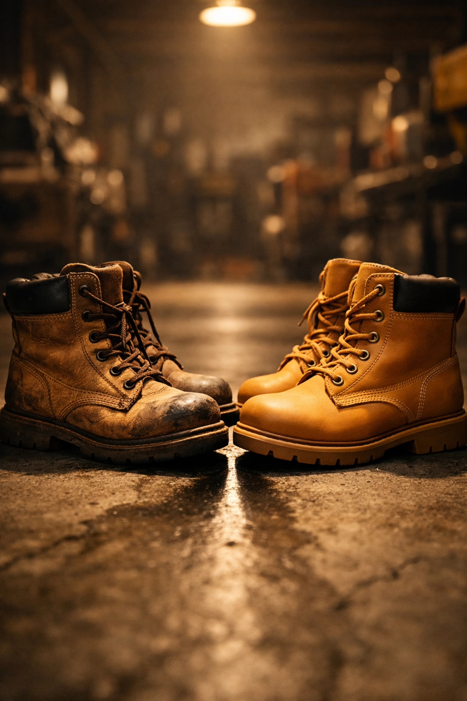 Two pairs of work boots facing each other on factory floor representing workplace respect and connection
