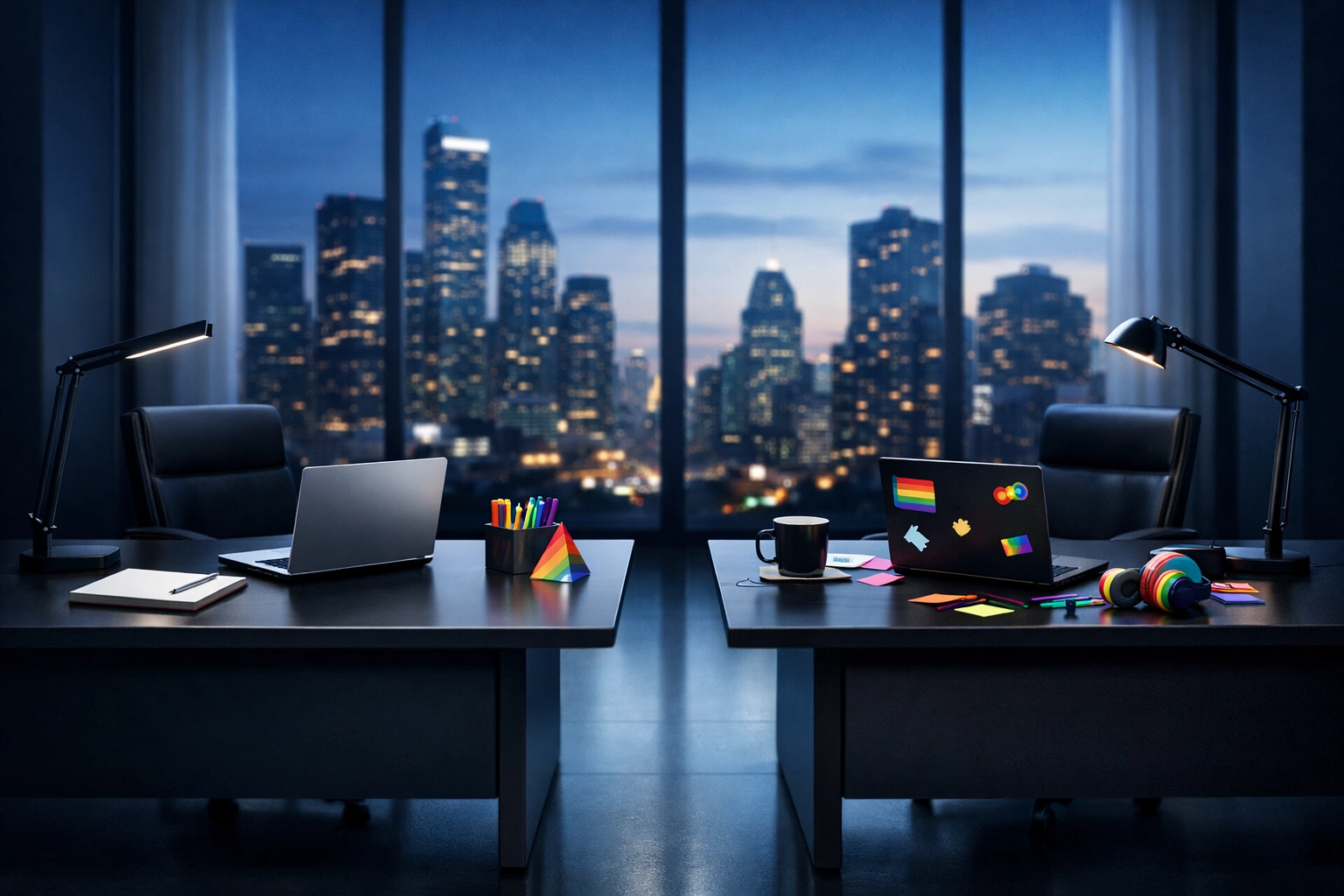 Two opposing desks in modern office showing workplace rivalry in gay romance enemies to lovers trope