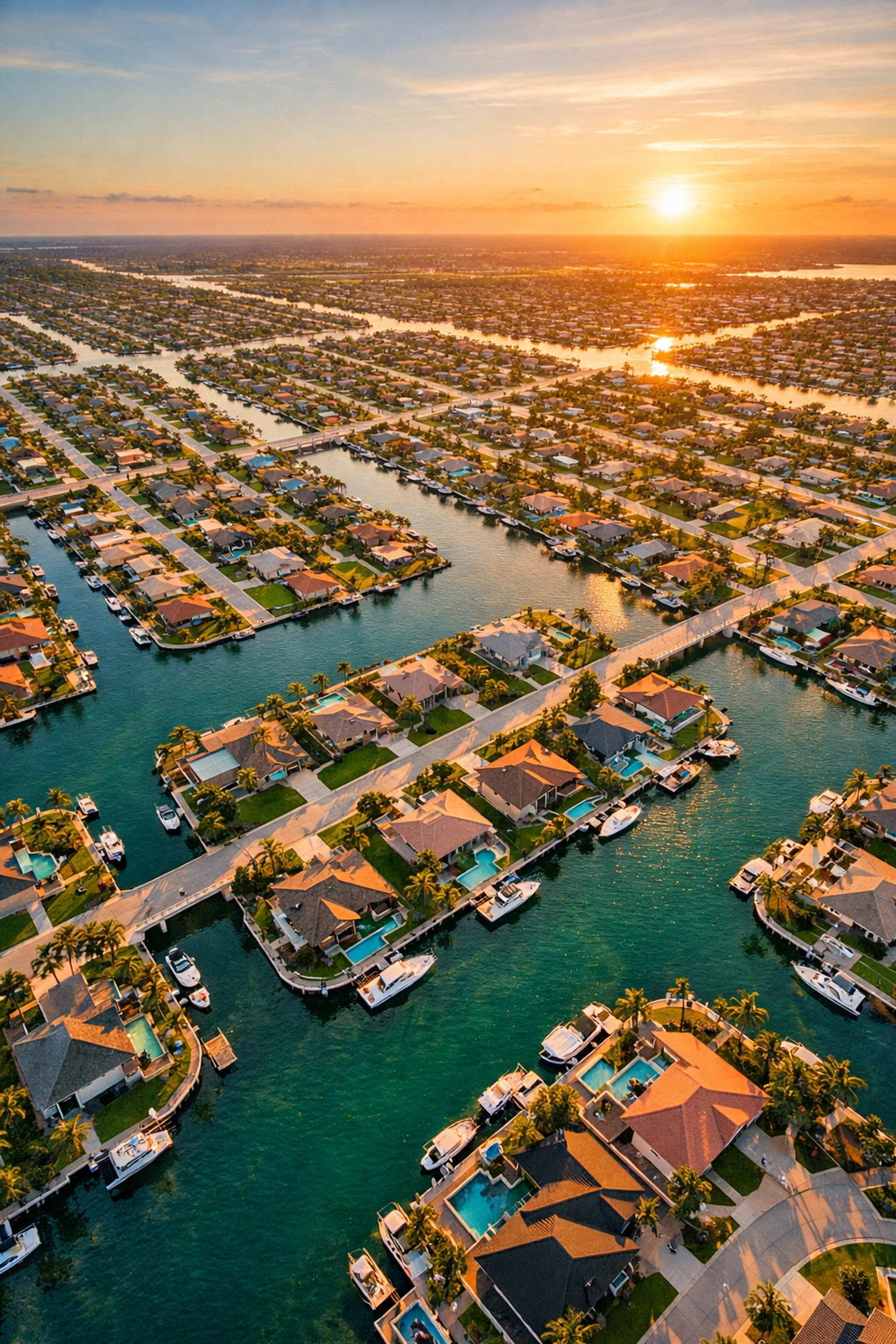 Aerial view of Cape Coral quadrants showing canal grid system dividing neighborhoods