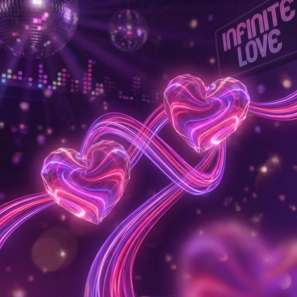 Three glowing interconnected hearts representing polyamorous relationships and infinite love in a modern setting