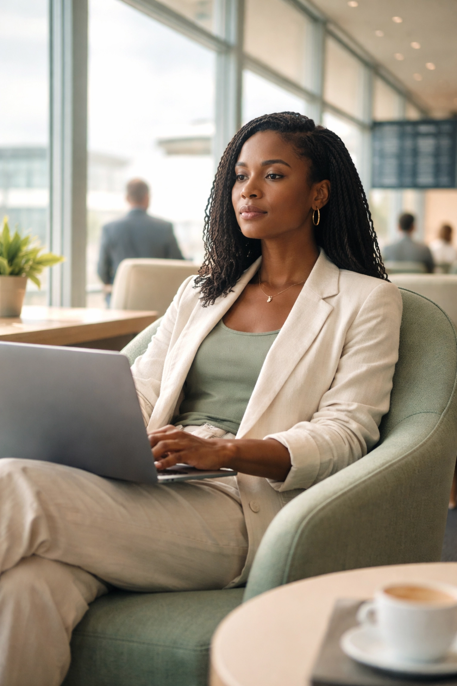Confident remote freelancer in an airport lounge using a laptop to receive global USDT payroll payments