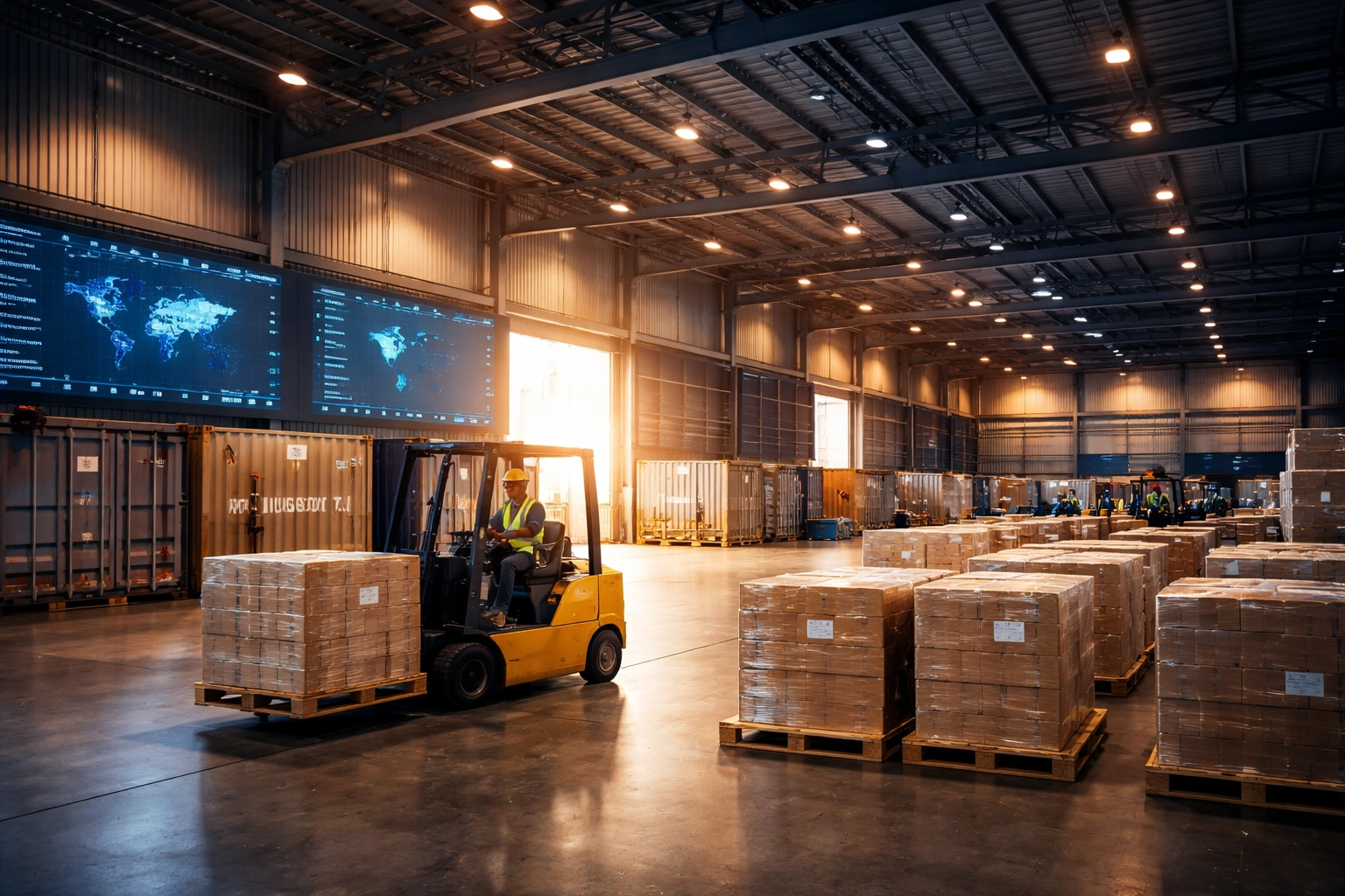 Houston logistics warehouse with cargo pallets and containers ready for fast international shipping to Nigeria