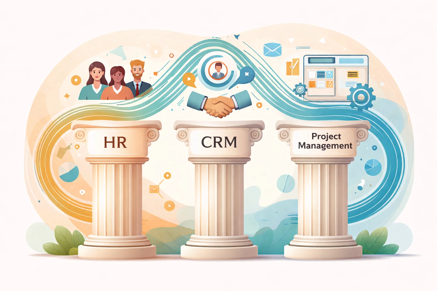 Three interconnected pillars for HR, CRM, and Project Management highlight unified business management strategy