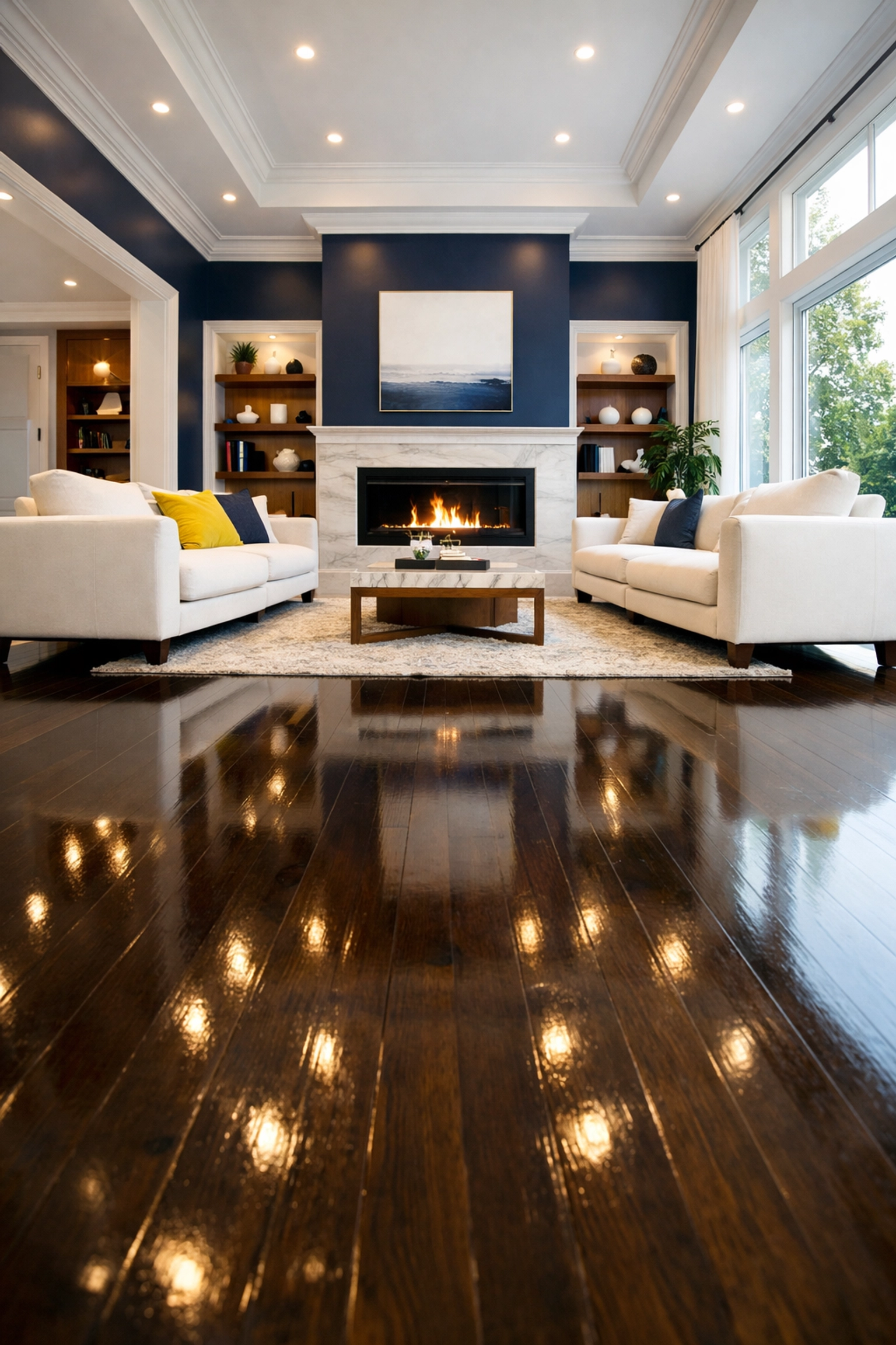 A serene and spotless luxury living room in Dover showing the results of residential cleaning Massachusetts.