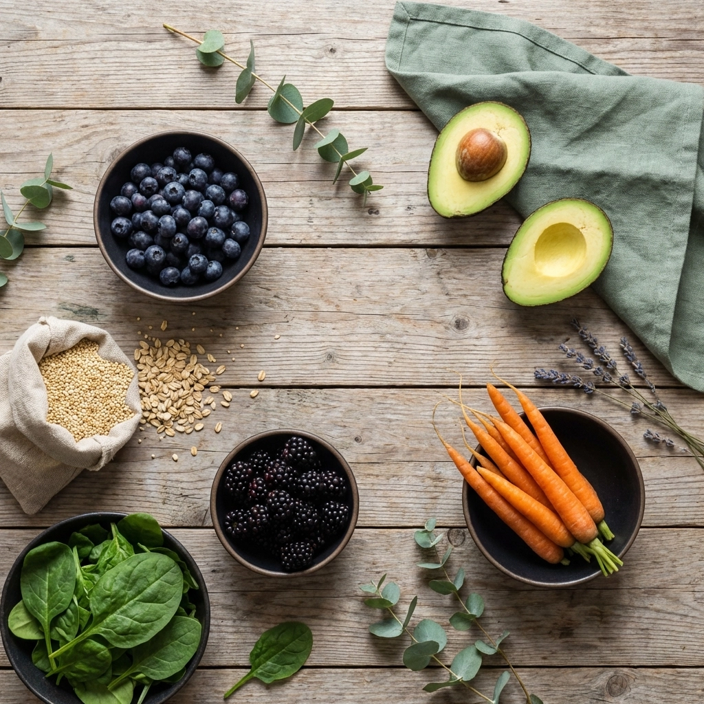 Overhead view of colorful whole foods on a rustic table, highlighting the foundation of holistic nutrition.