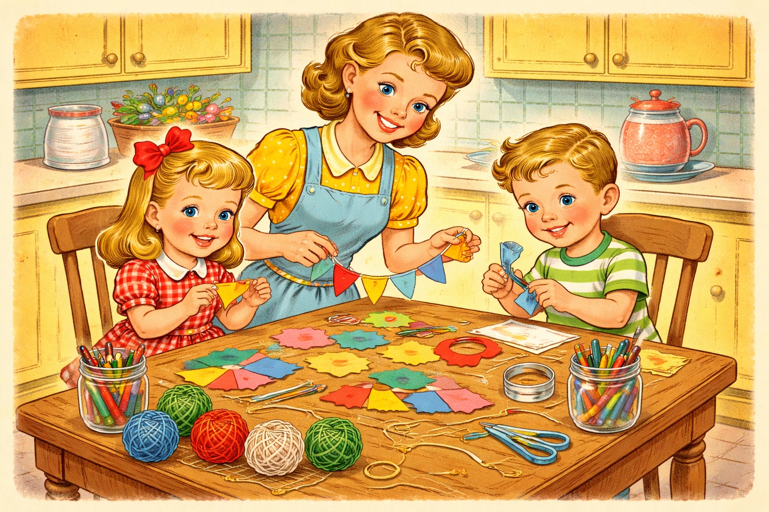 Family crafting DIY mini banner garlands together at a kitchen table with colorful paper and supplies