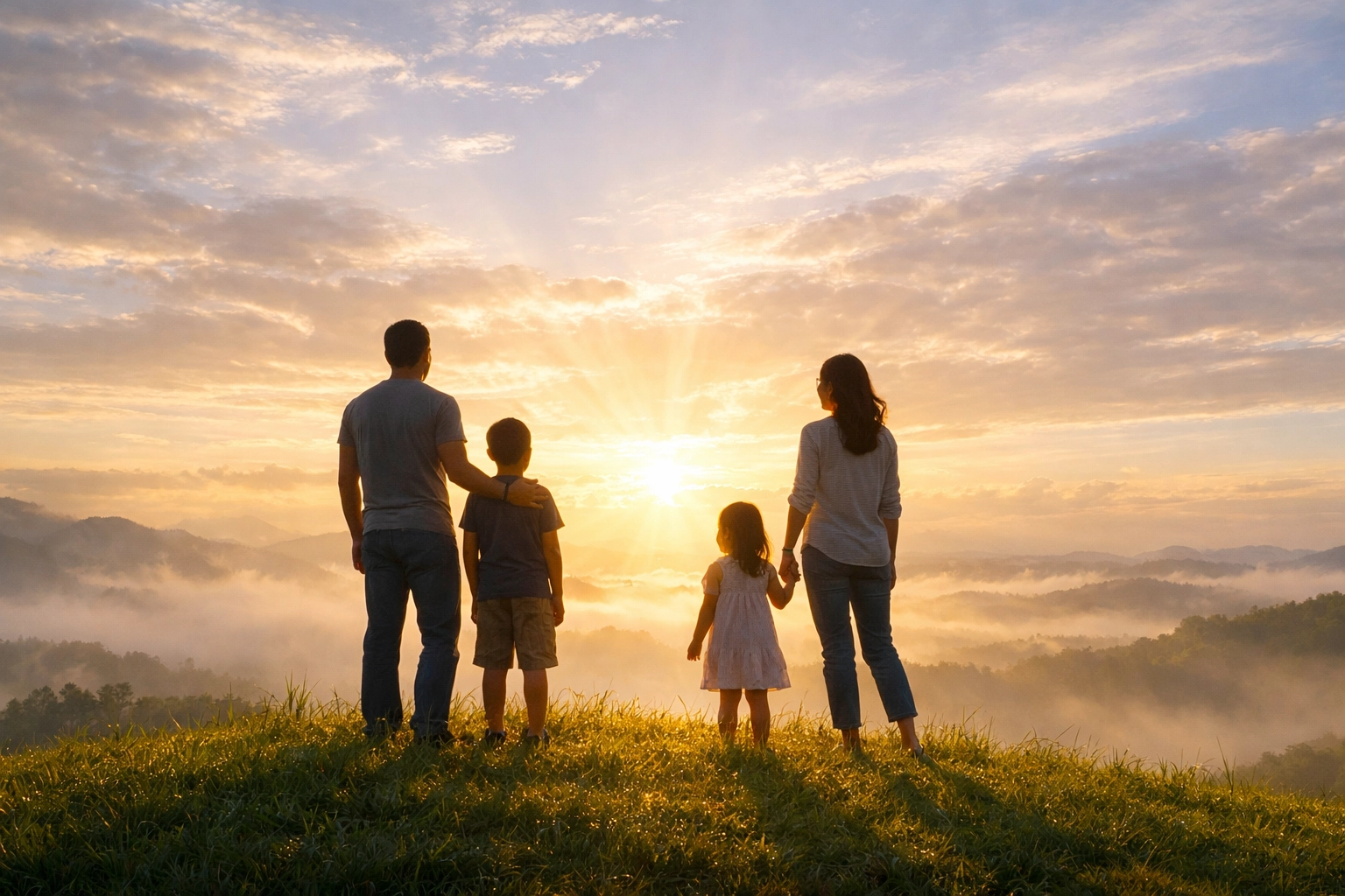 Christian family looking at a bright sunrise, anticipating the blessed hope and return of Jesus at FA Memphis.