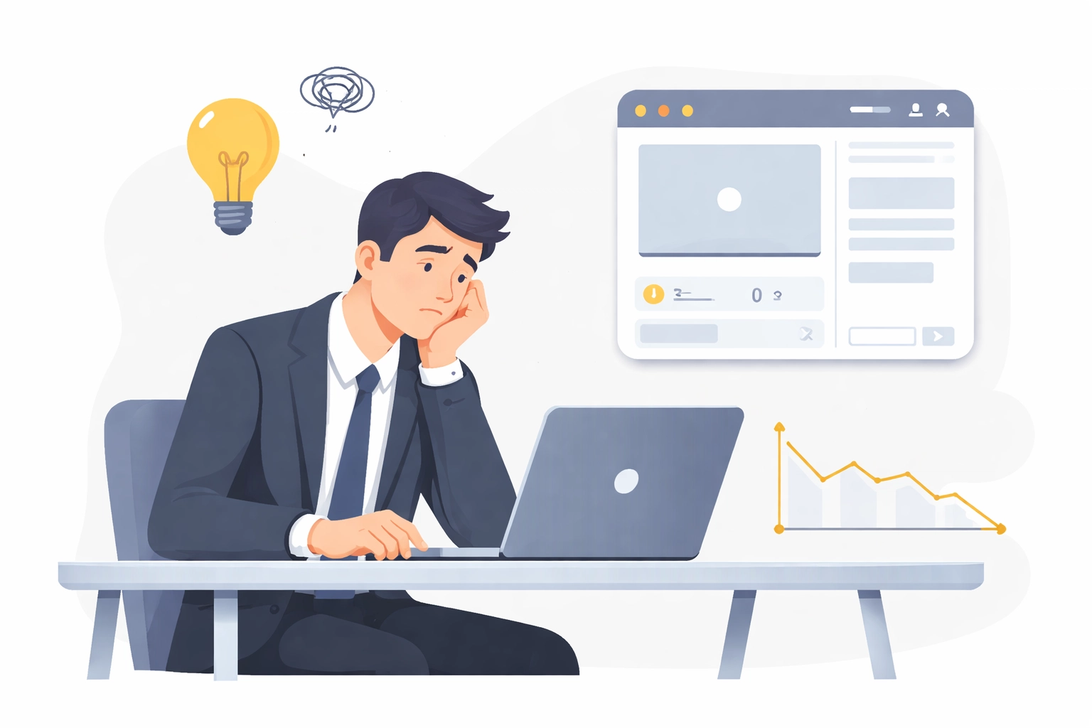 Business professional frustrated by basic webinar software with limited engagement, showing Zoom limitations for sales-focused webinars.