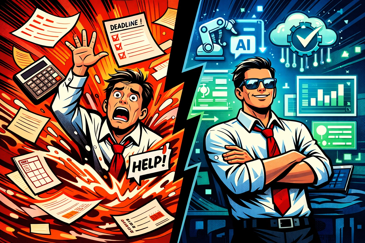 Manual data entry chaos versus organized AI business automation workflow comparison