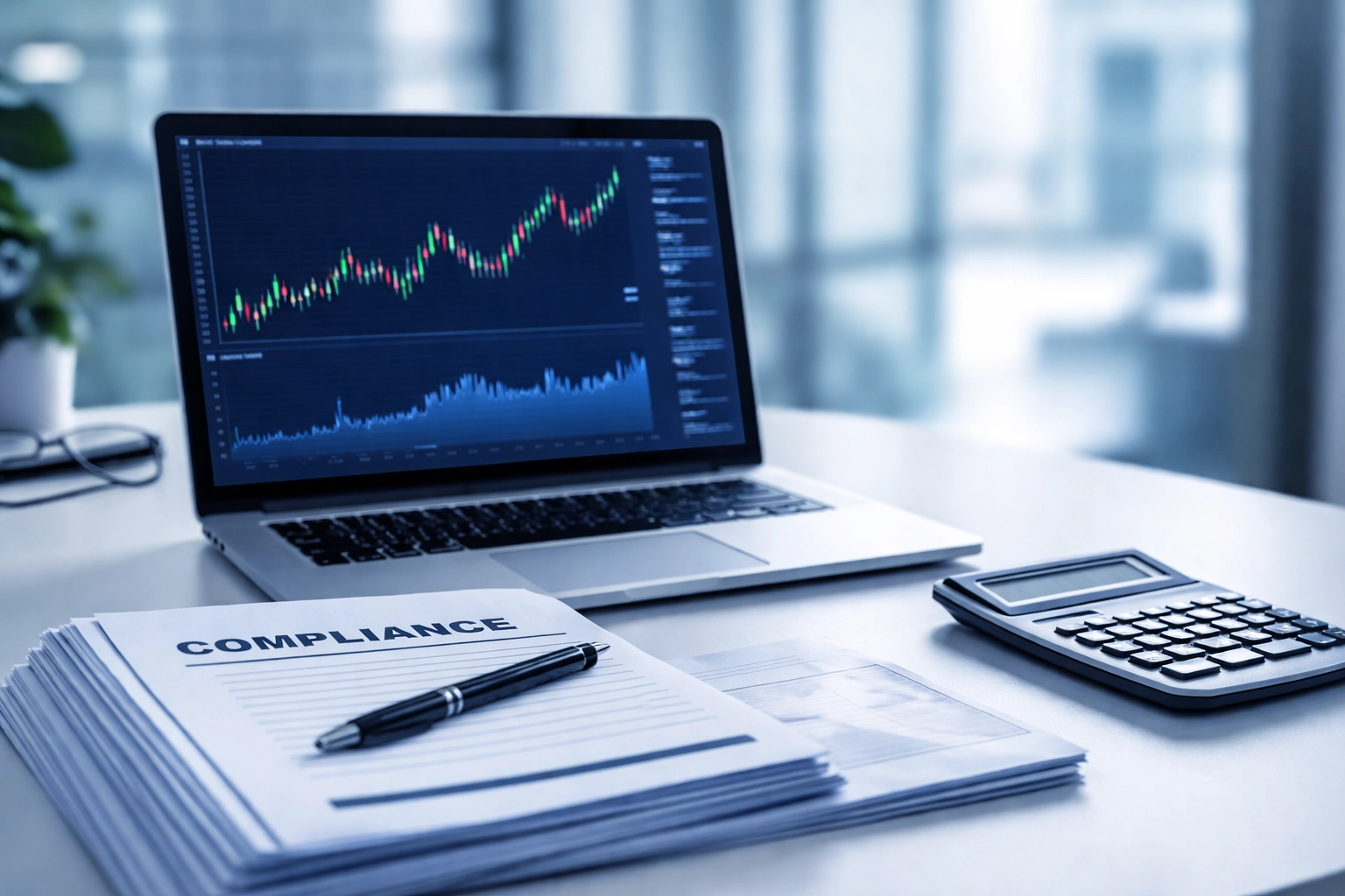 Modern office desk with financial documents and a laptop showing charts, illustrating debt collection payment processing compliance.