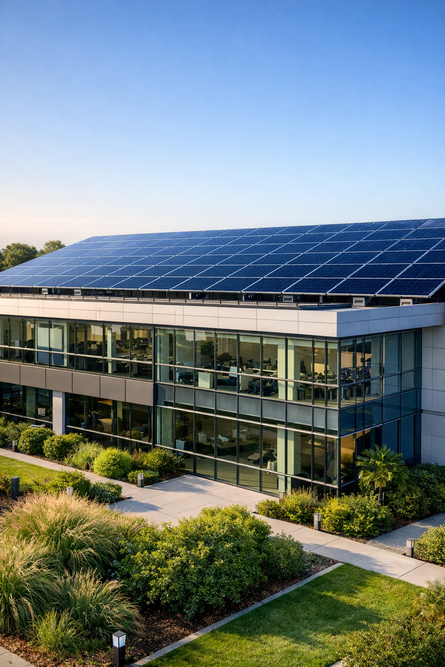 Modern commercial office building with a sleek rooftop solar panel array showing business solar power ROI in action.