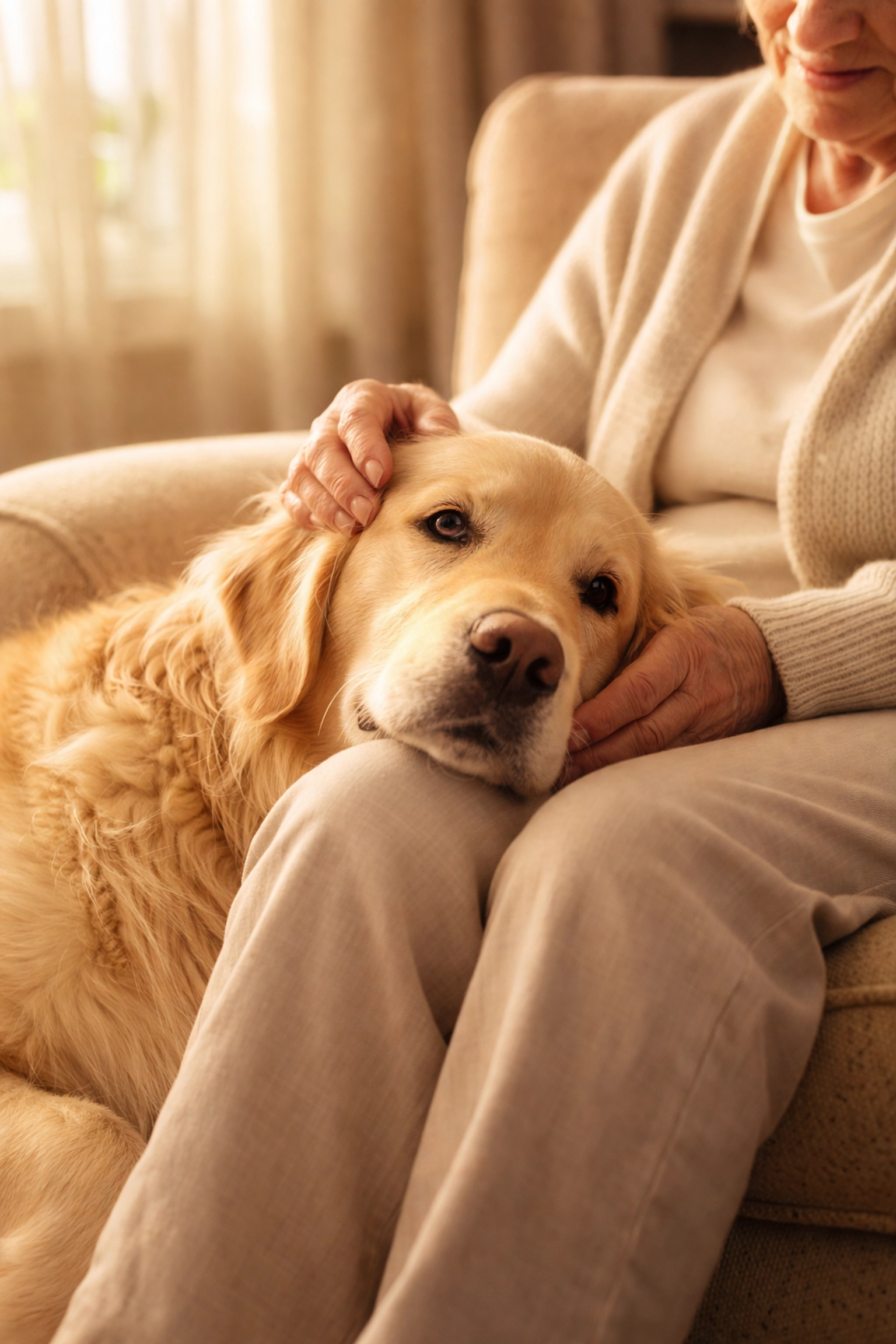 Gentle therapy dog Golden Retriever comforting an elderly person with calm, empathetic presence