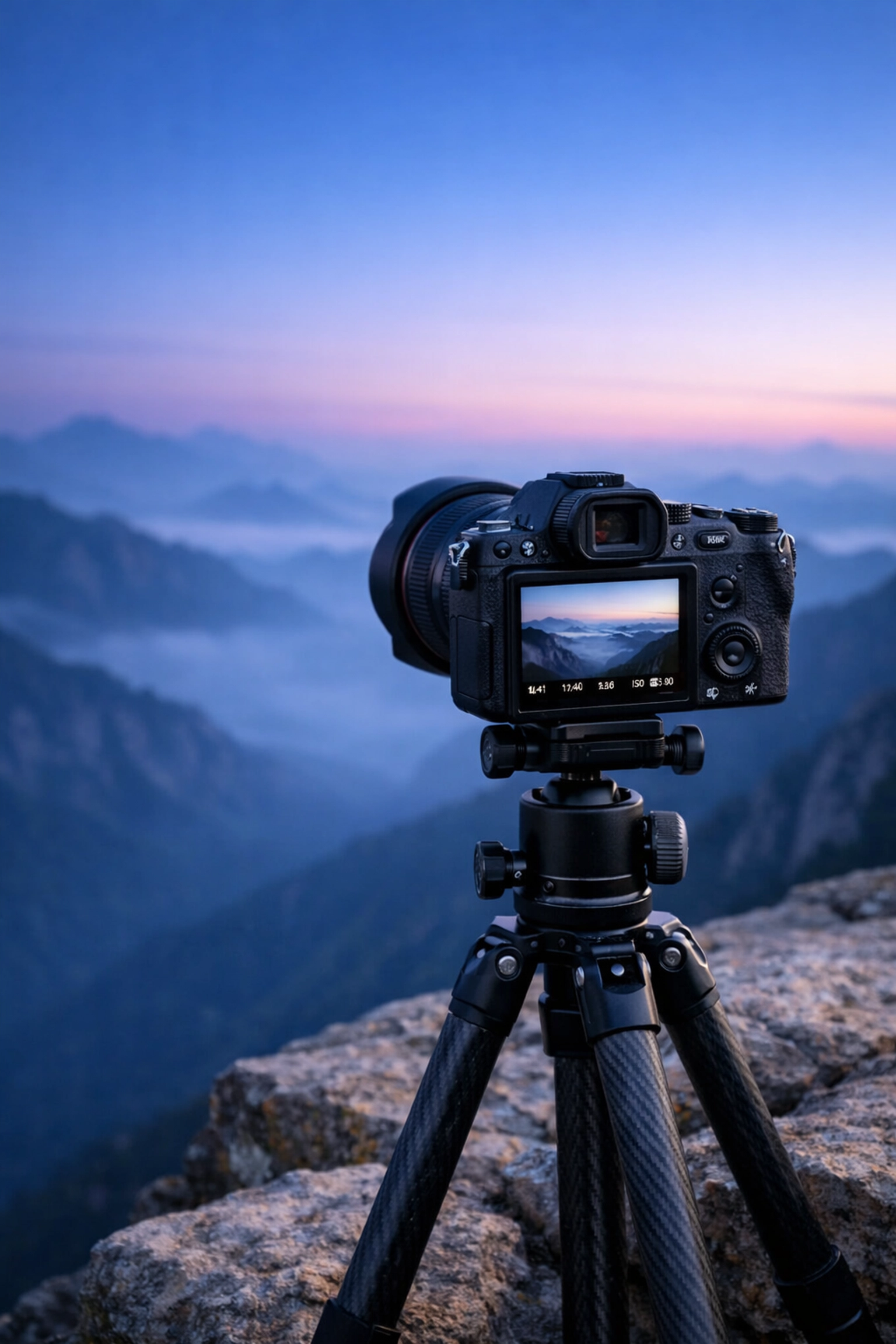 Professional mirrorless camera setup for landscape photography overlooking a misty mountain range at sunrise.
