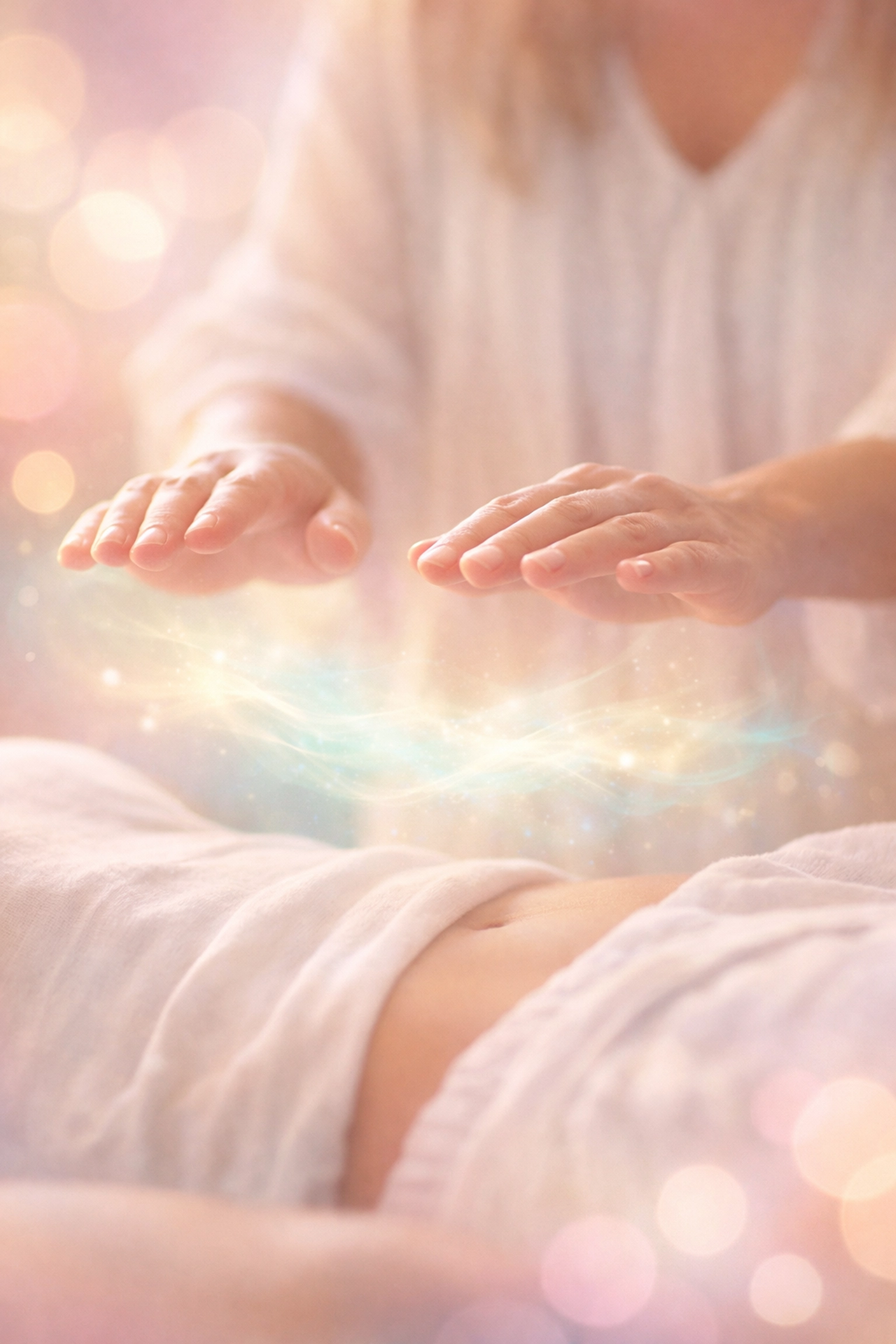 Spiritual healer performing energy healing with hands hovering over client