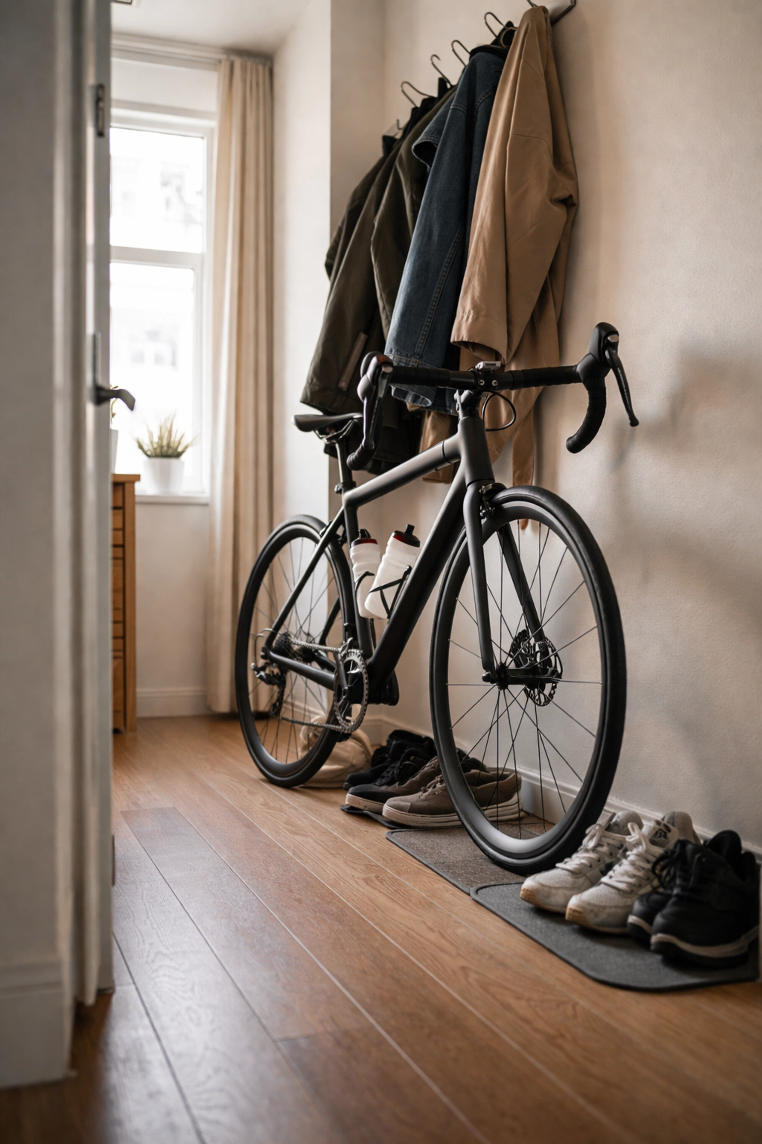 A road bike stored in a small apartment hallway, showing storage challenges for occasional cyclists.