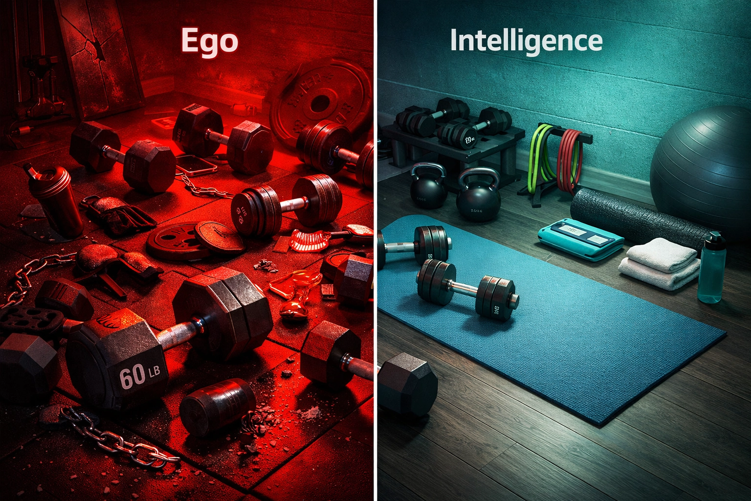 Smart home gym setup with organized equipment versus chaotic heavy weights showing training approach