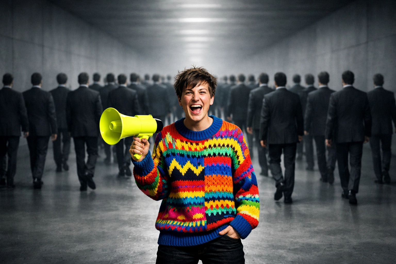 A creative individual standing out from corporate suits, symbolizing a distinctive and human brand voice.