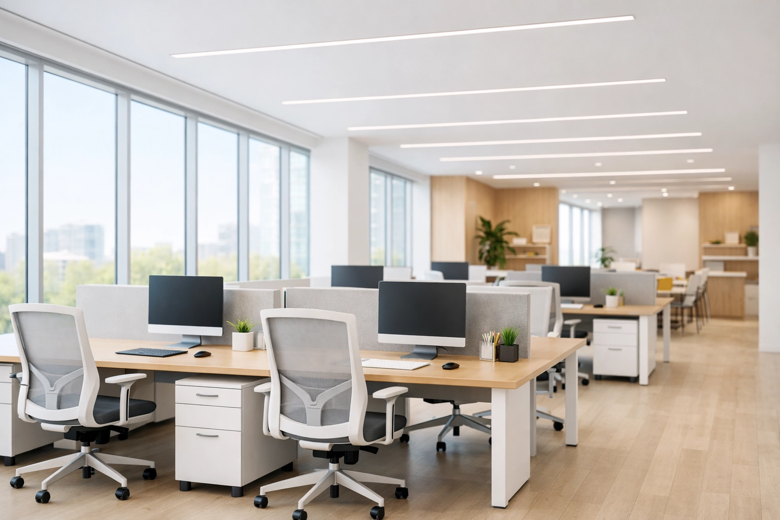 Bright minimalist office space with linear LED lighting fixtures to boost employee productivity.