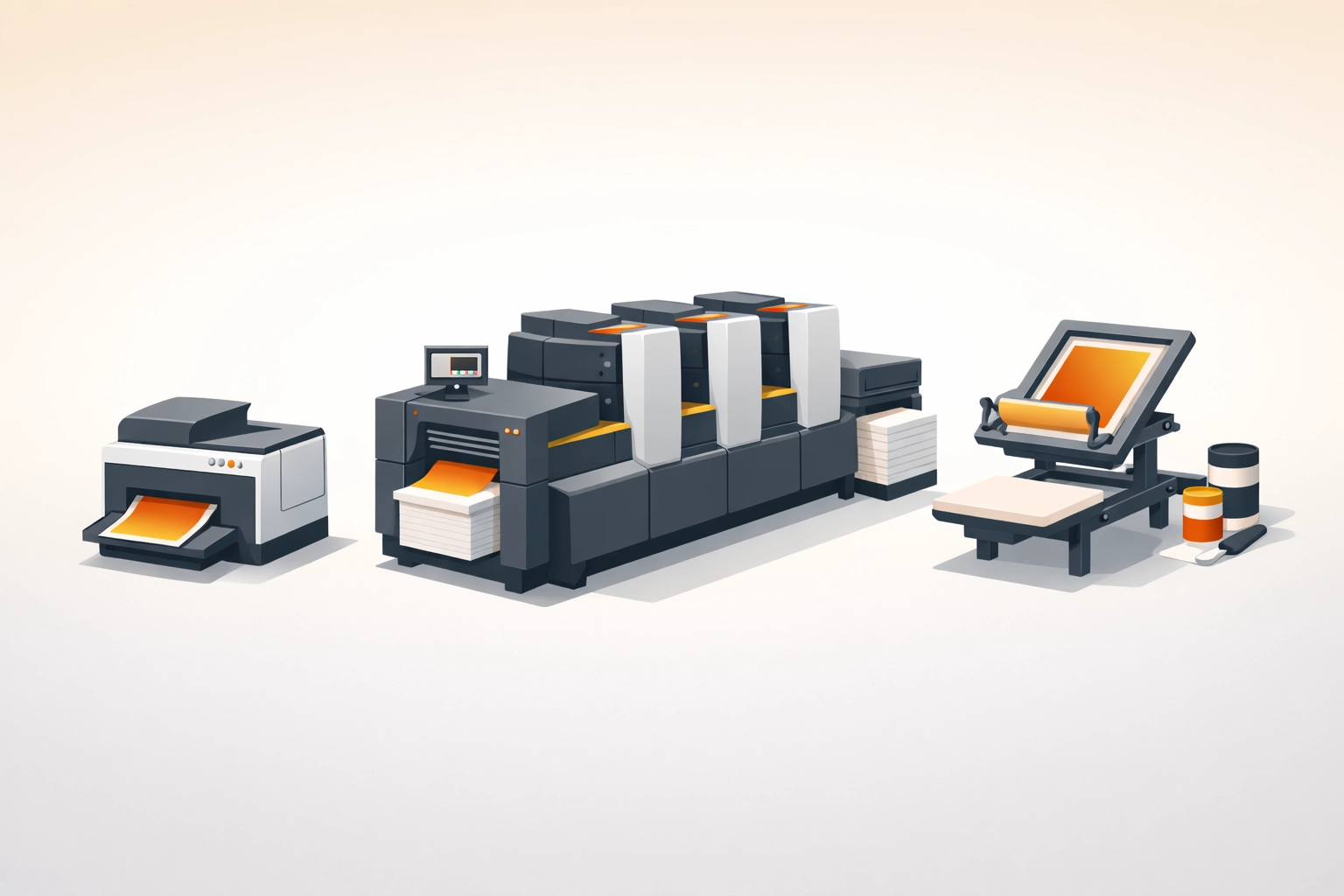 Comparison of print shop equipment types: digital printer, offset press, and screen printing setup