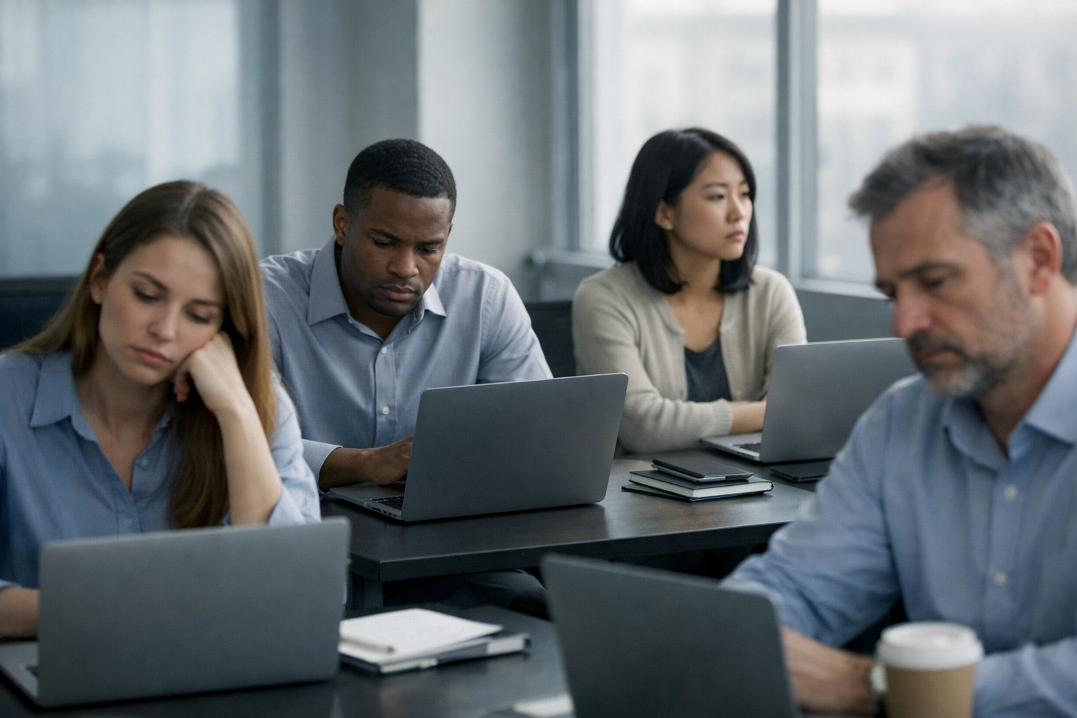 Disconnected office workers at desks illustrating quiet quitting and workplace isolation