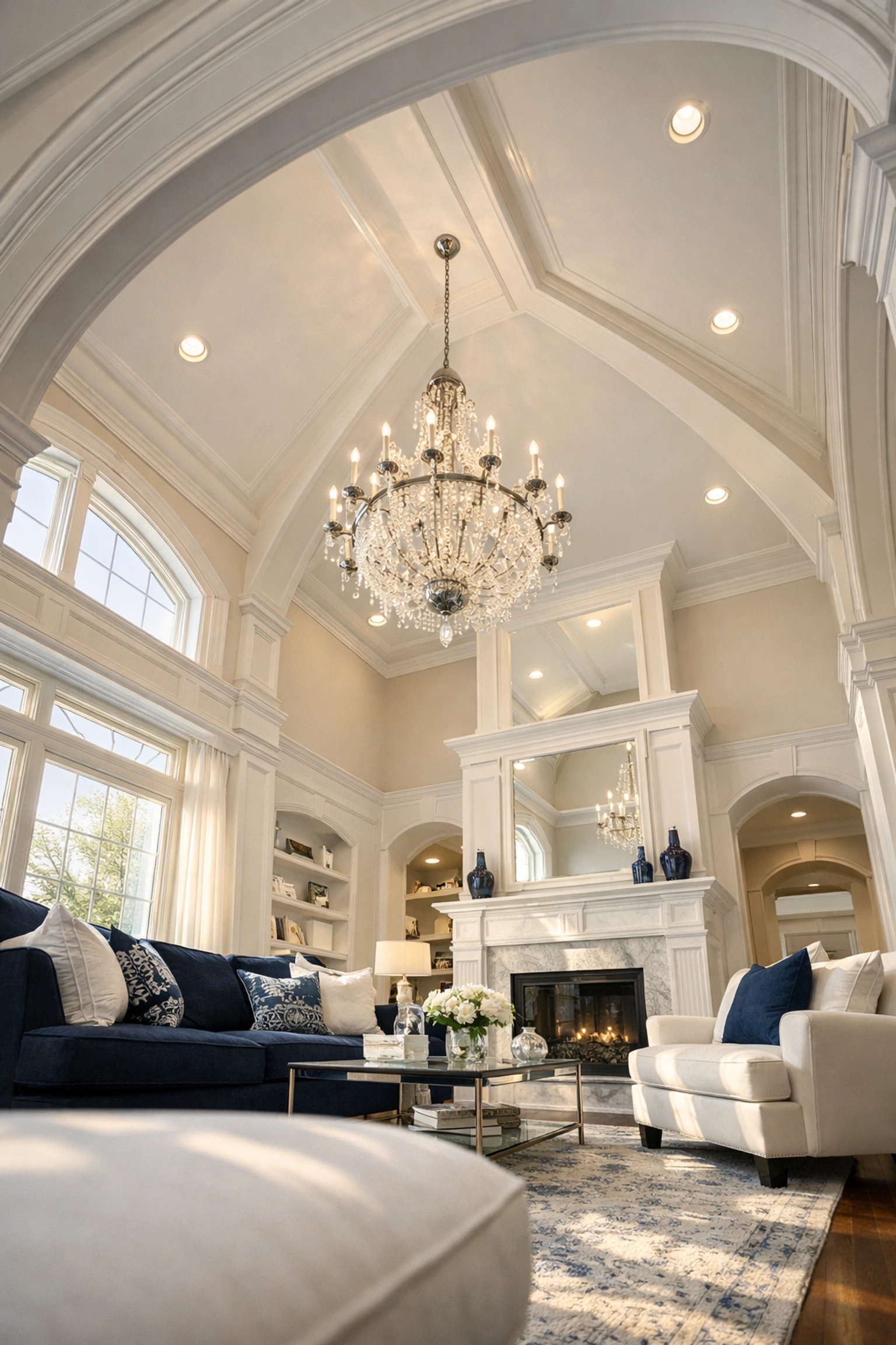 A dust-free MetroWest living room with vaulted ceilings following comprehensive post construction cleaning Bedford.