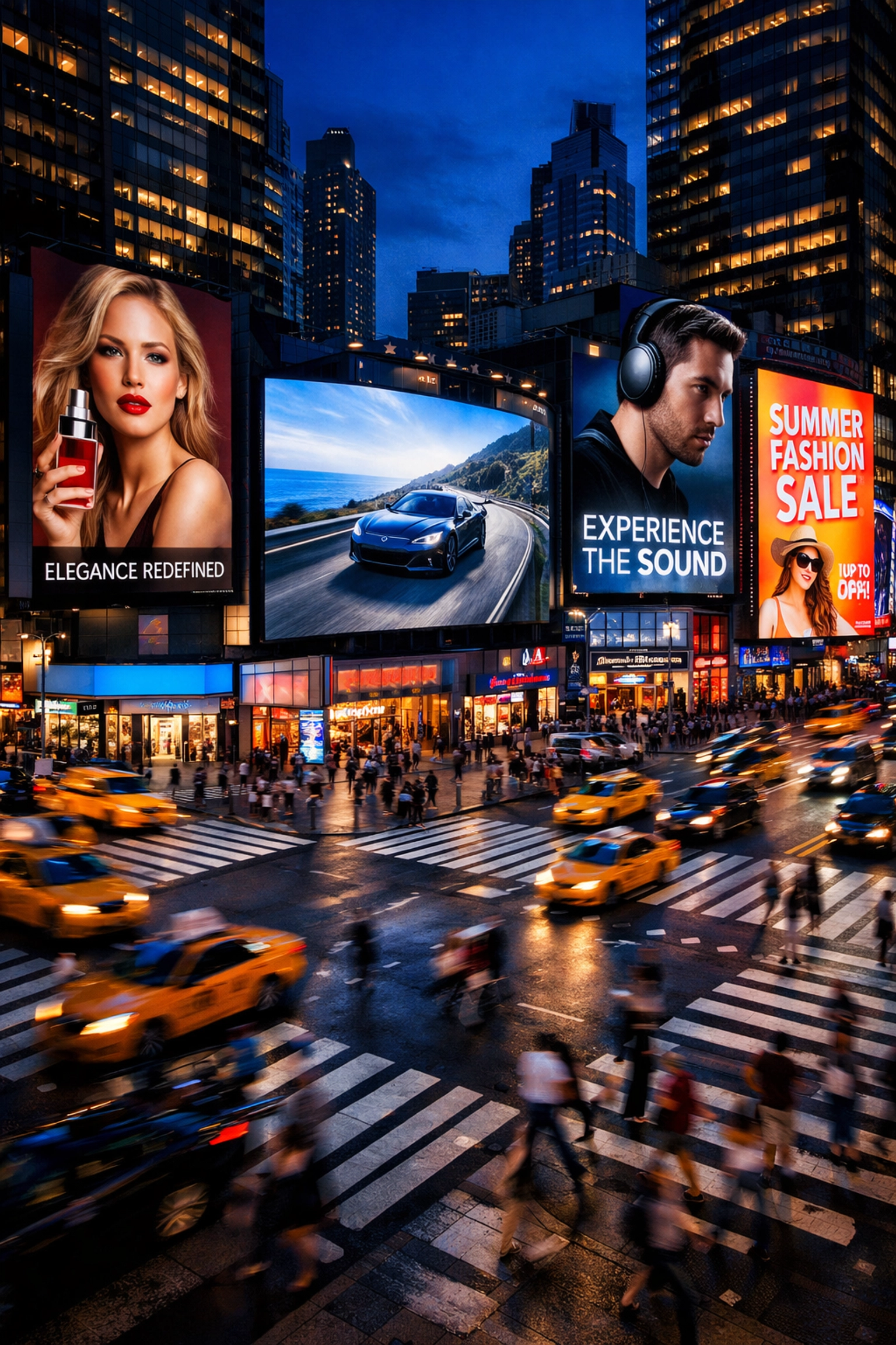 Dynamic digital billboards in a busy New York City intersection showcasing hyper-targeted urban DOOH advertising.