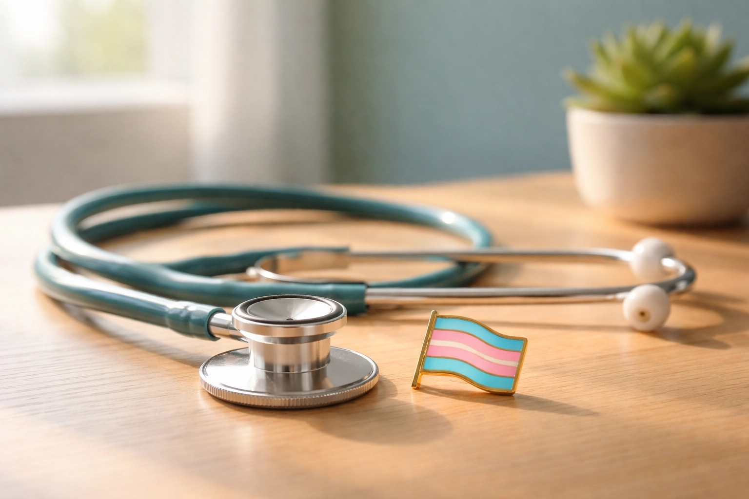 Stethoscope and transgender pride flag pin on desk representing LGBTQ health care access and anti-trans bills in Florida