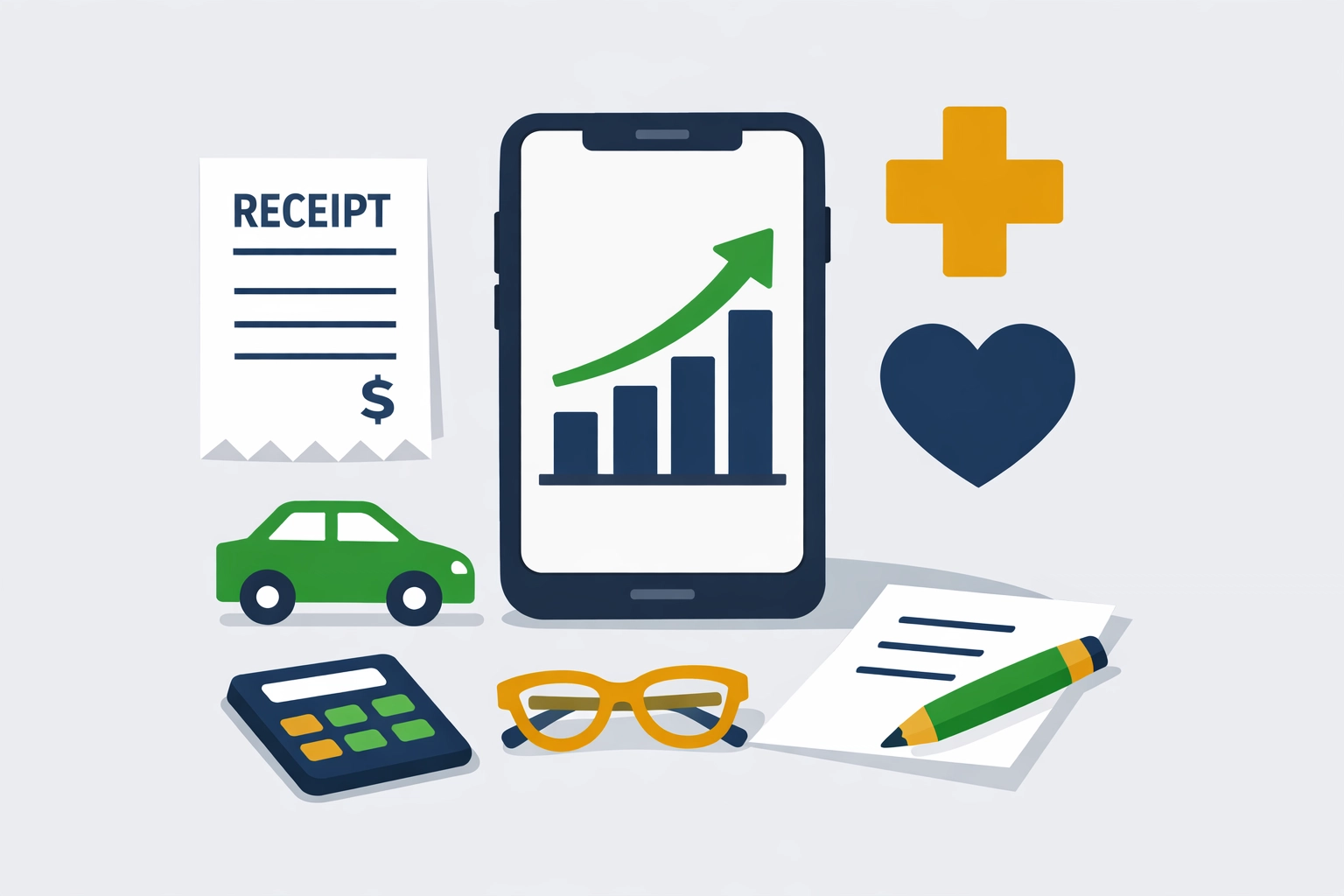 Flat design workspace icons for receipts and mileage to help New Haven residents maximize tax refund.