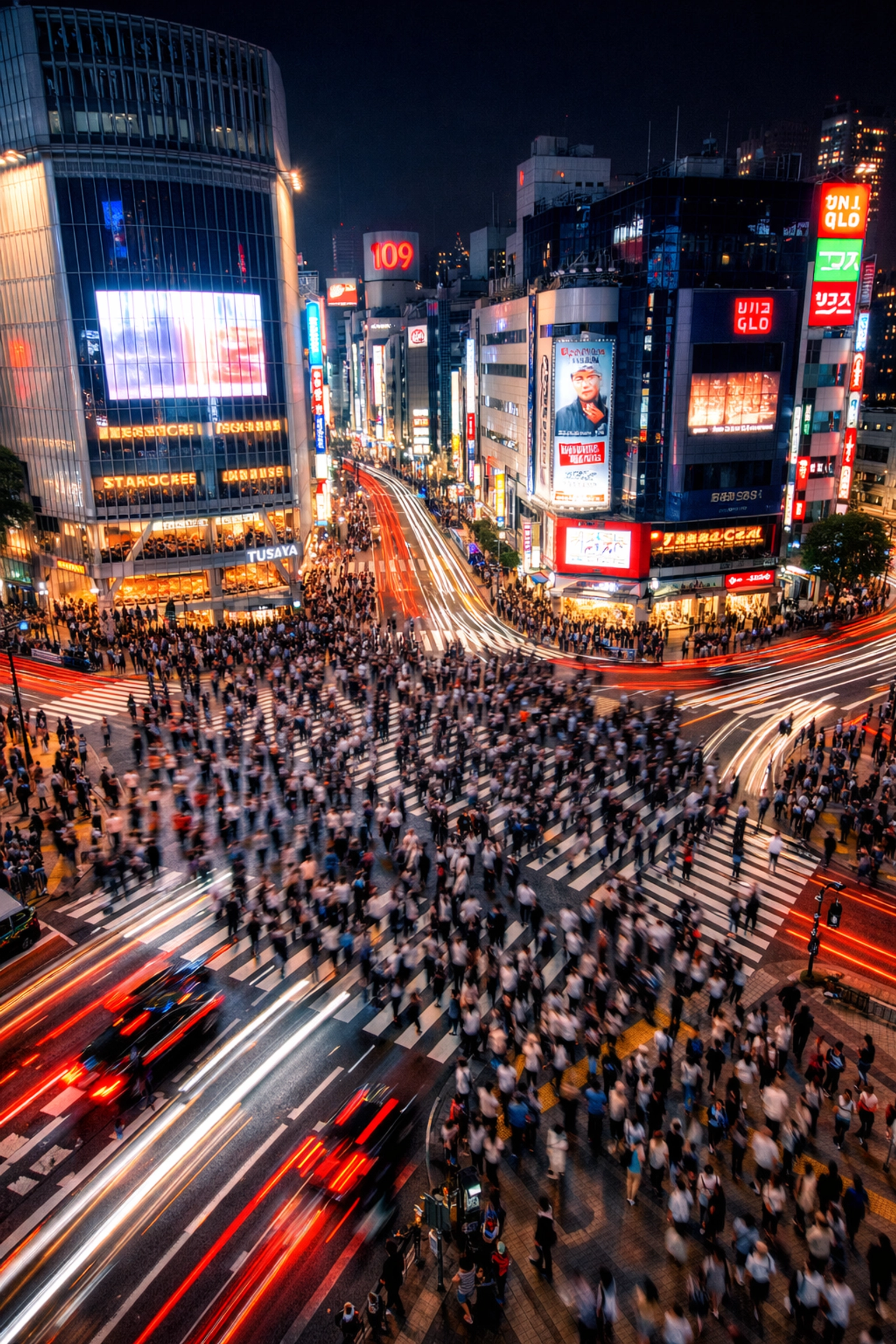 Long exposure photography of Shibuya Crossing at night, one of the best photo spots for a Tokyo food tour.