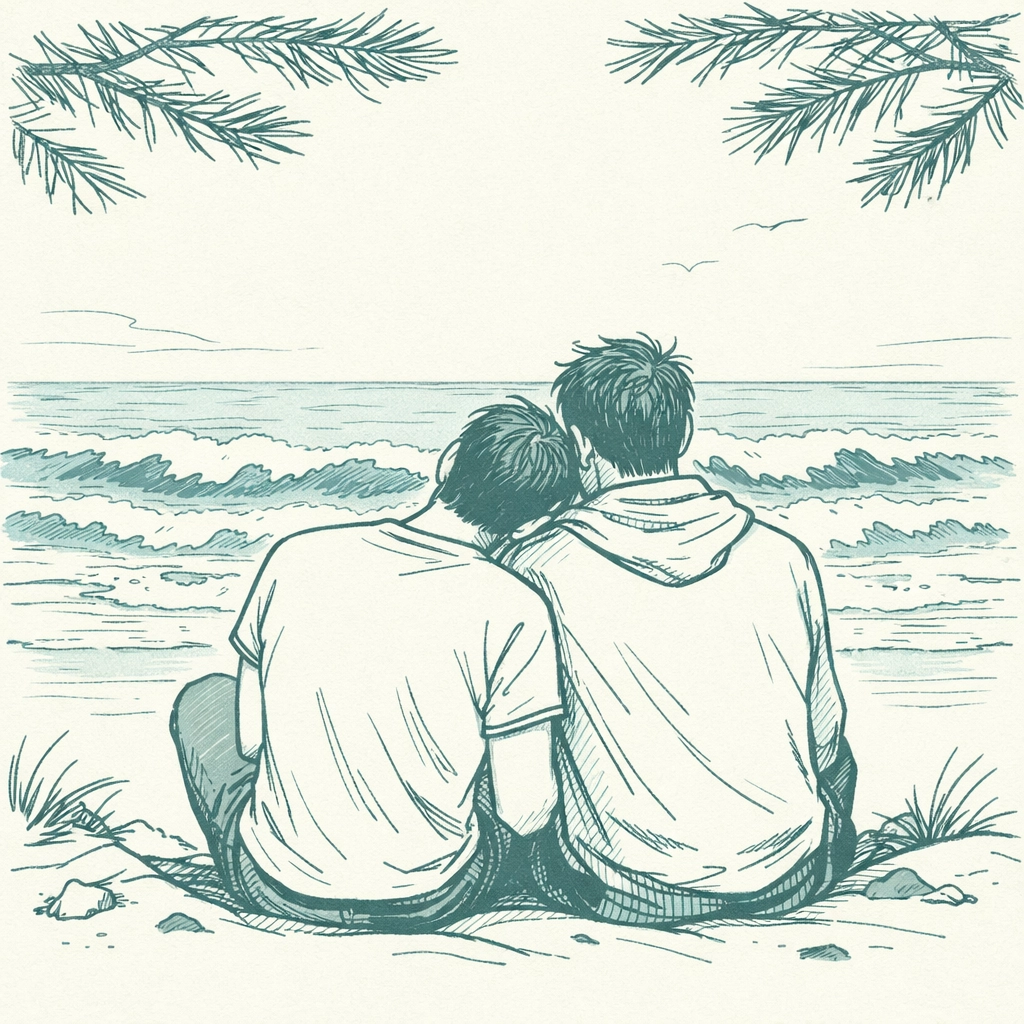 Intimate moment between two men at Beach 19 gay beach Costa da Caparica Atlantic Ocean