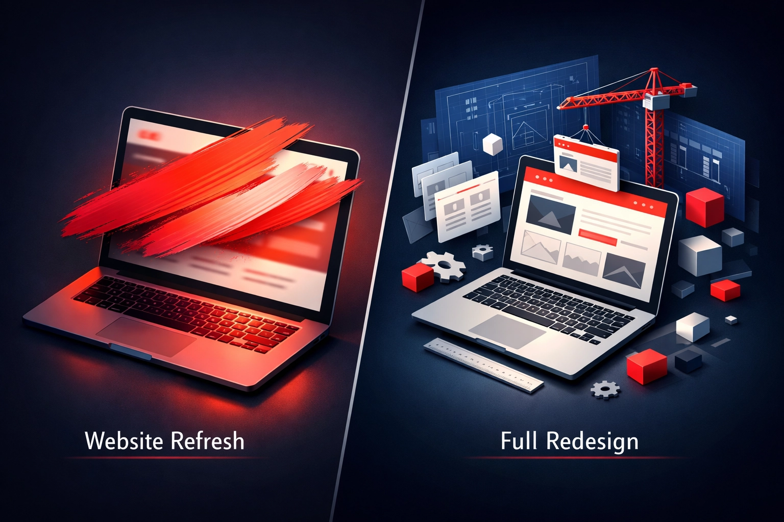 Visual comparison of website refresh versus complete redesign approaches
