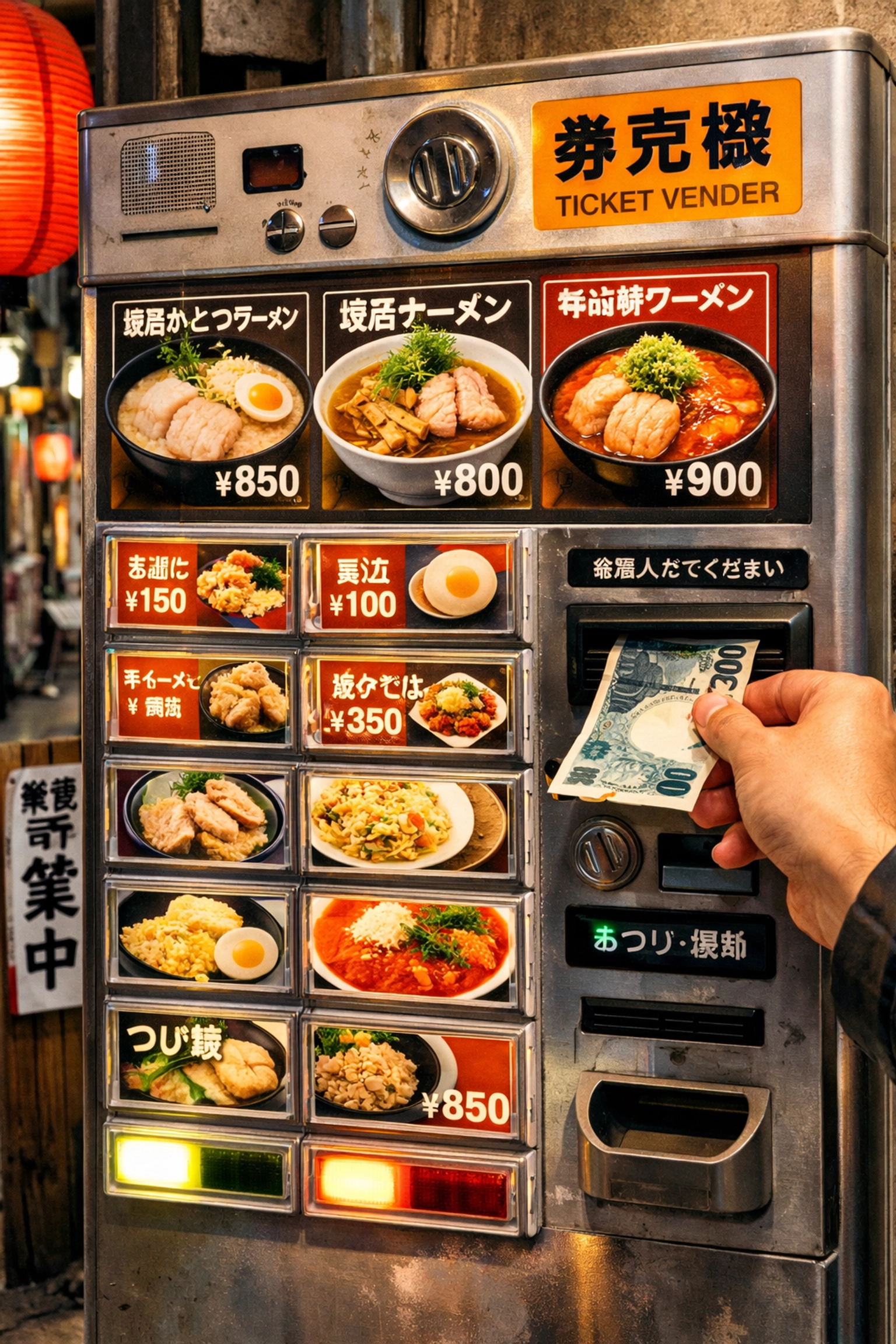 Ordering noodles using a colorful Japanese ramen vending machine at a local Tokyo restaurant.