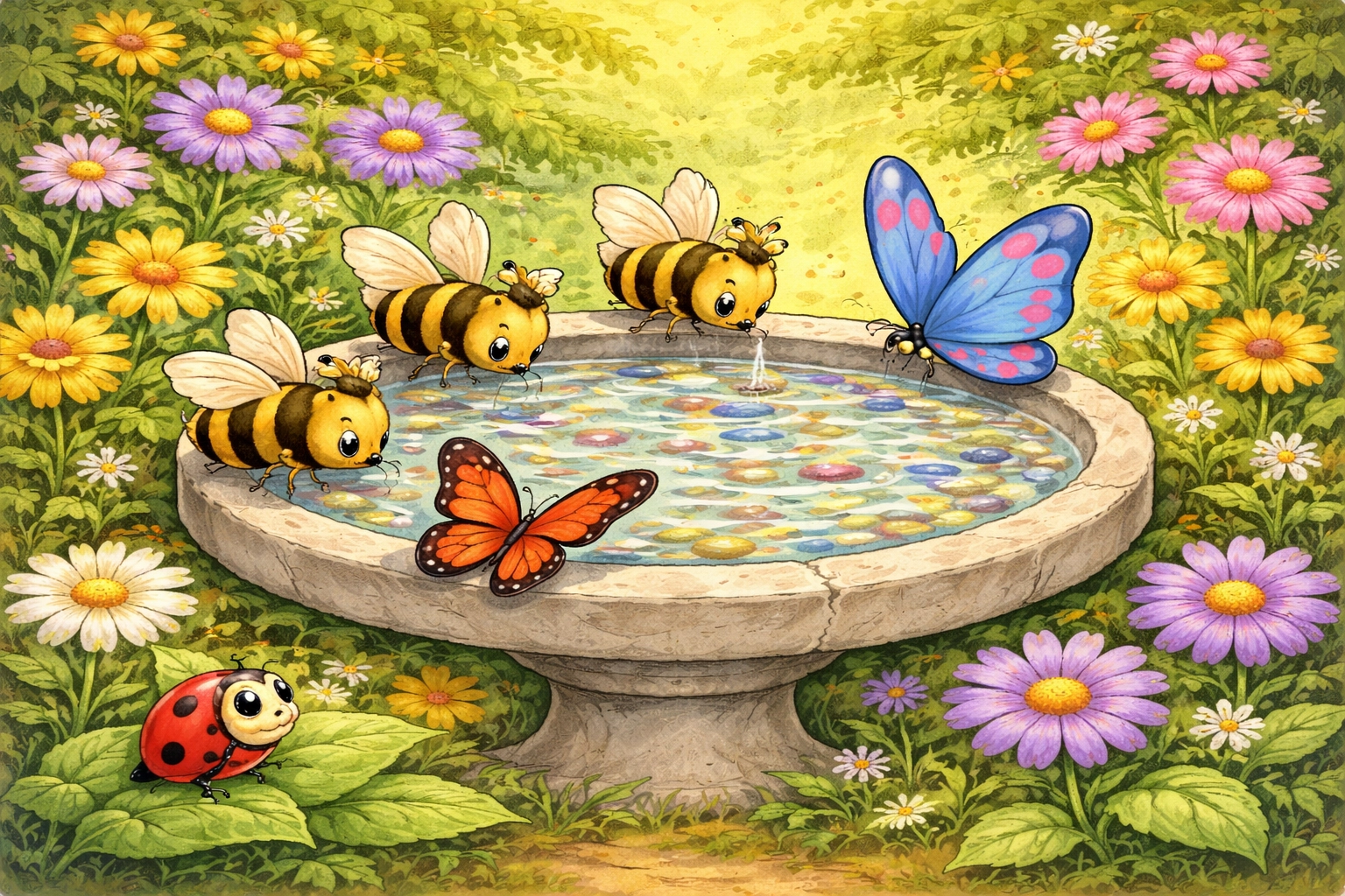 Bees and butterflies safely drink from a pebble-filled birdbath in a family garden surrounded by flowers.