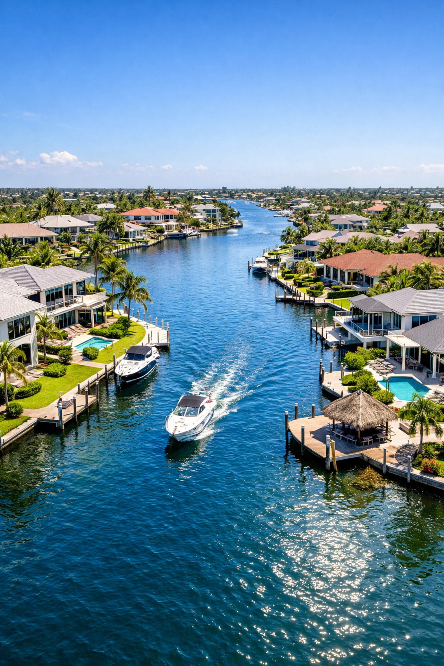 Aerial drone view of modern Cape Coral waterfront homes along a winding blue canal with private boat docks.