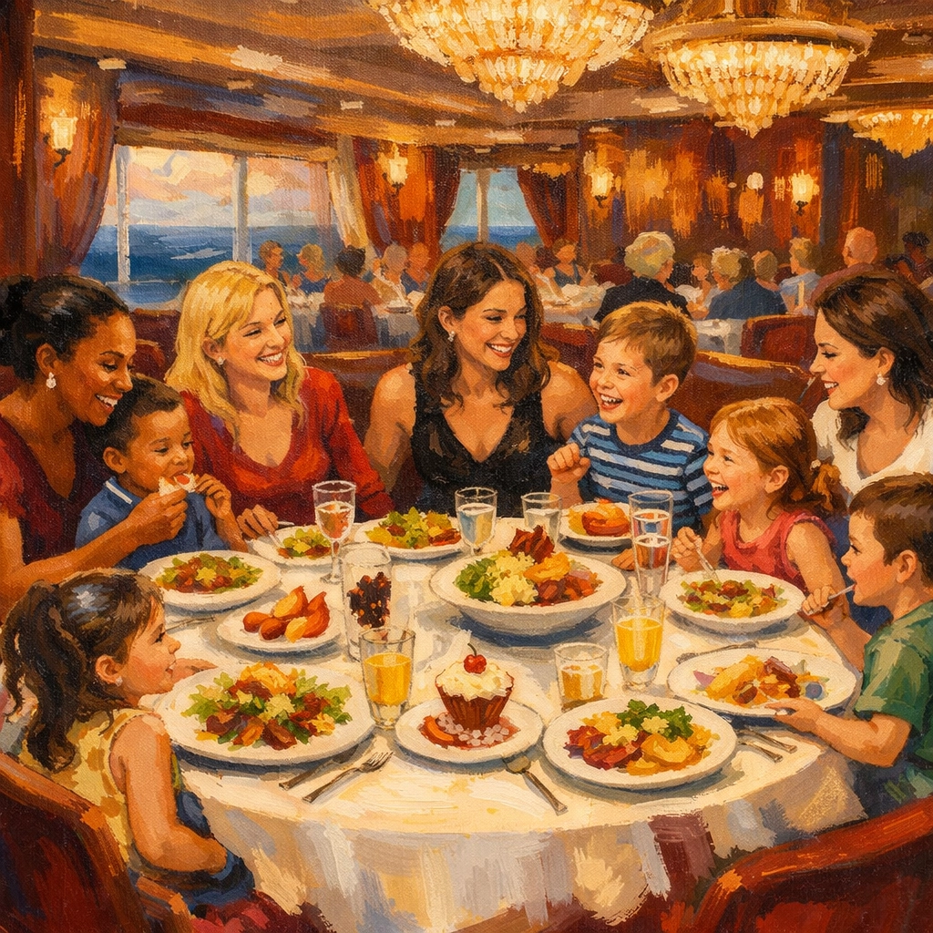 Single mom families dining together at elegant cruise group table with children