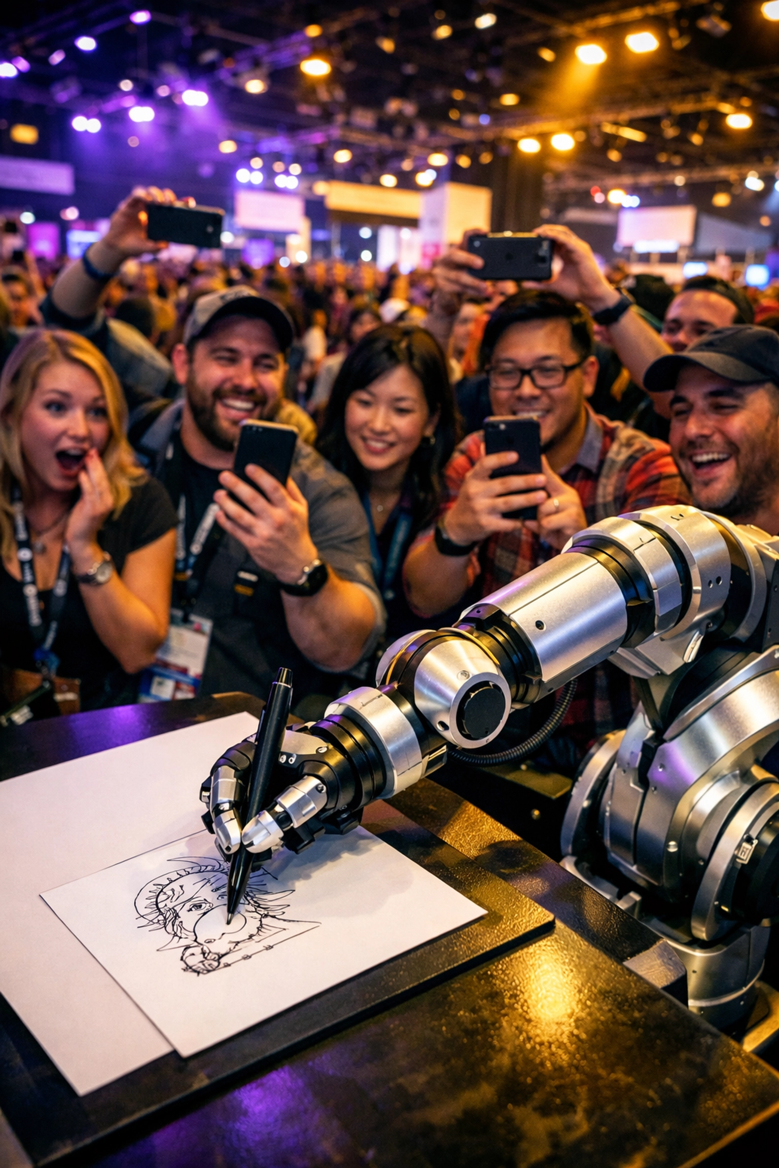 Crowd gathered around AI Portrait Robot for a brand activation photo booth experience