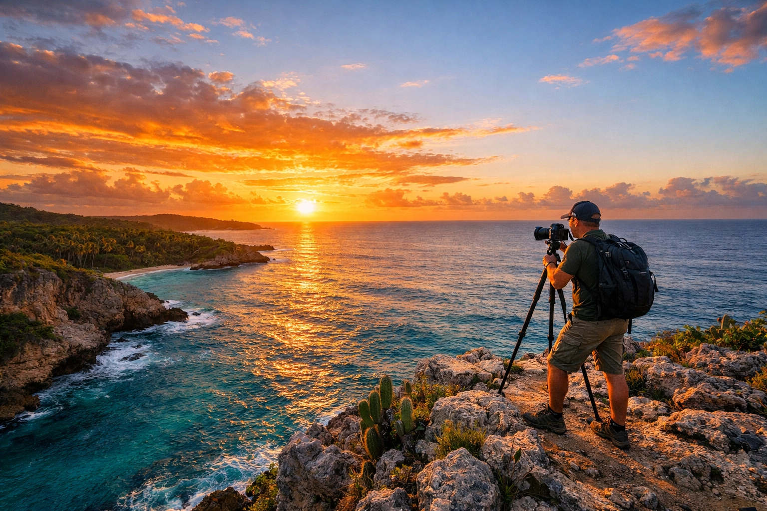 Travel photographer on a Dominican Republic cliff capturing a high-quality sunrise over the ocean.