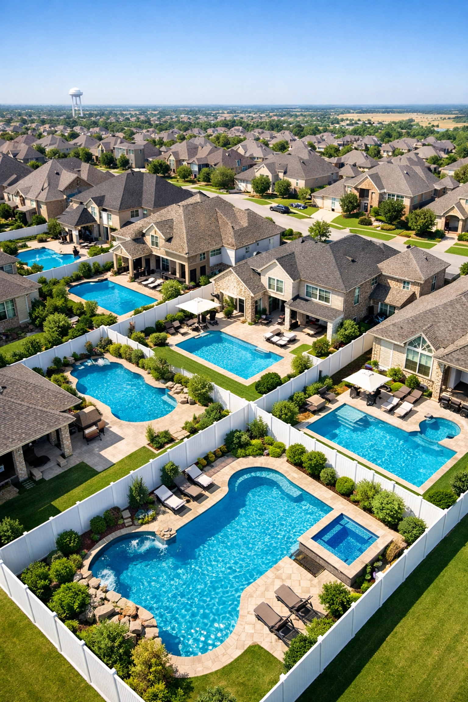 High-angle view of a dense Texas pool route with multiple residential swimming pools in a suburban neighborhood.