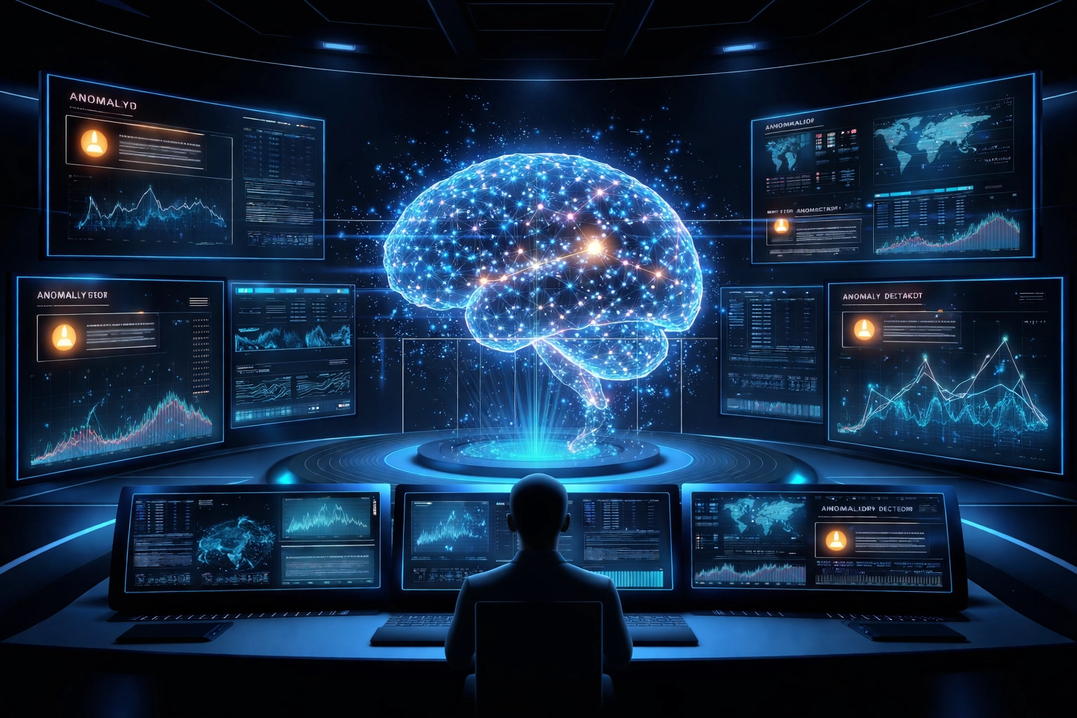 Advanced AI command center monitoring real-time risk data and alerts for proactive risk management