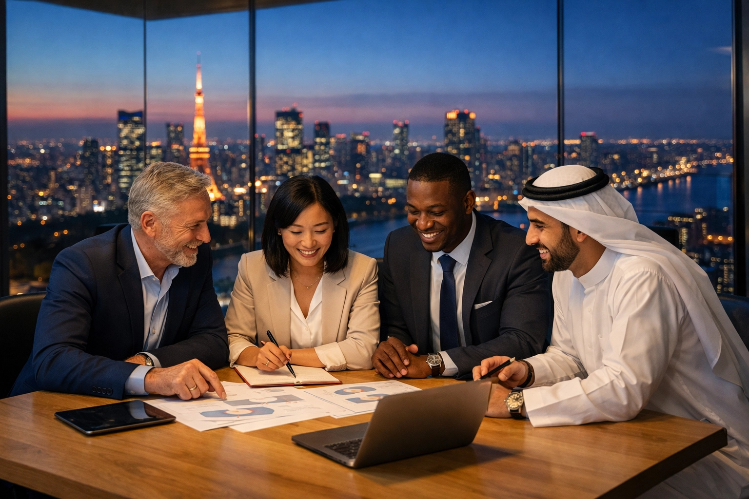 Dakdan Worldwide consultants in a boardroom discussing strategic event planning for international markets.