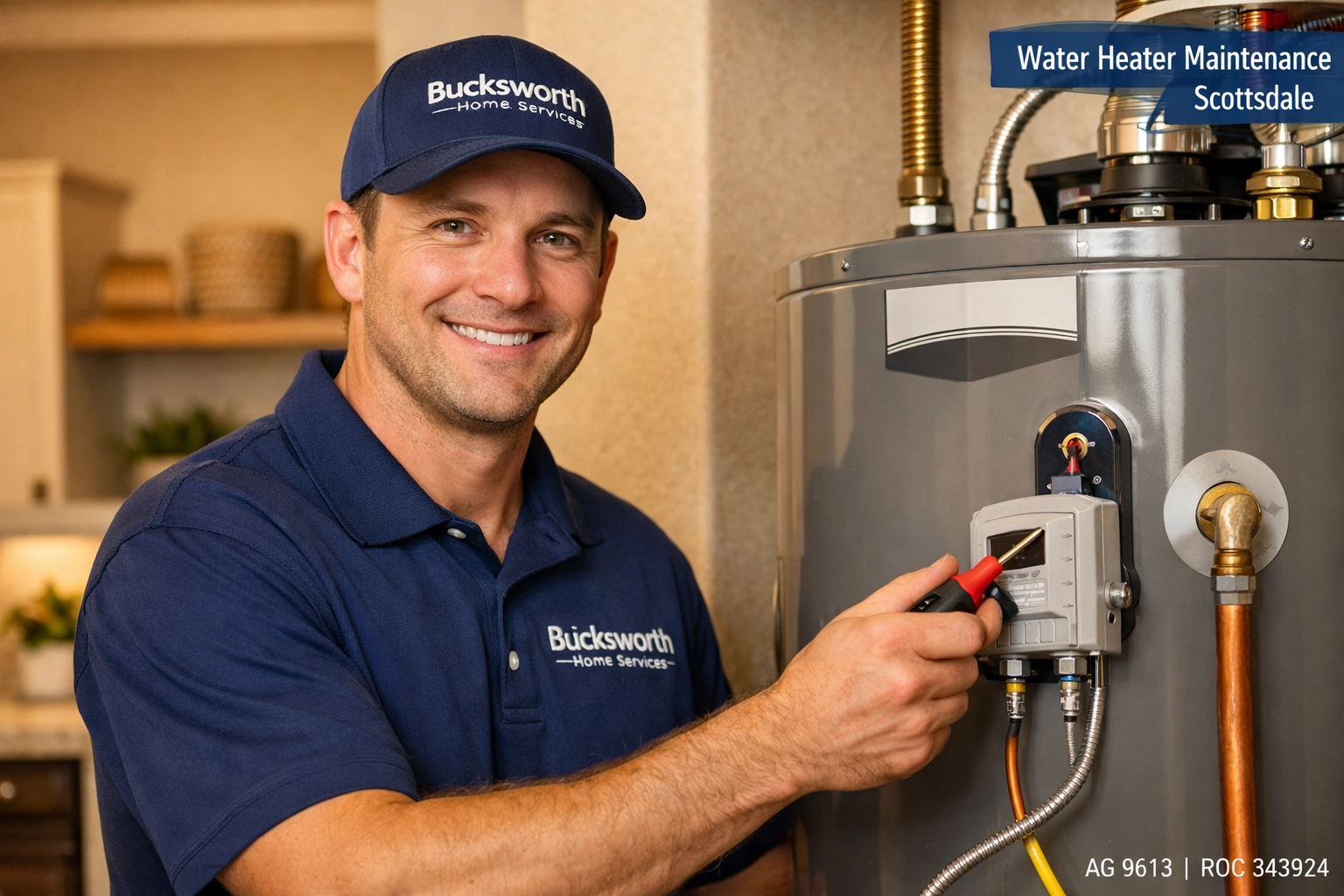 Licensed Bucksworth Home Services technician performing water heater maintenance in a Scottsdale utility room.