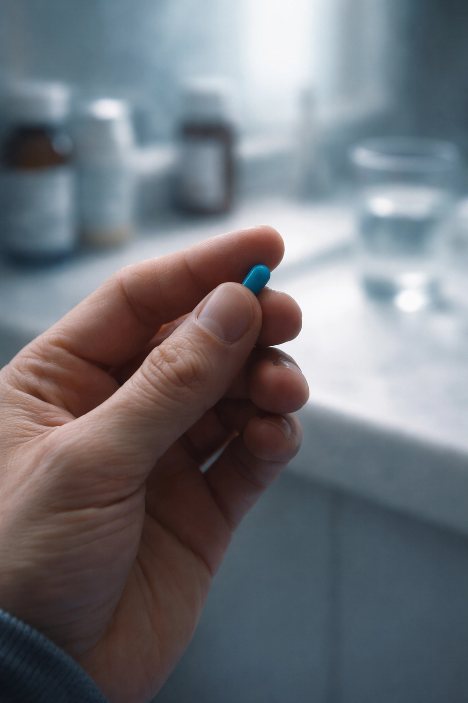 Férfi kéz egy kék potencianövelő tablettát tart, utalva a merevedési zavar kezelési módszereire.