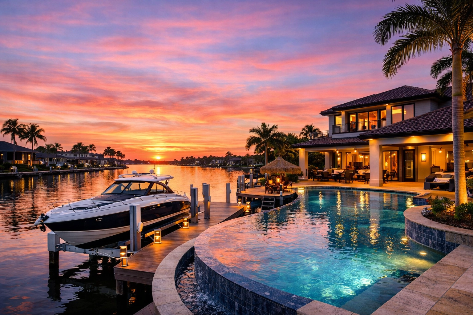 Luxury waterfront Cape Coral home with private dock and canal access at sunset