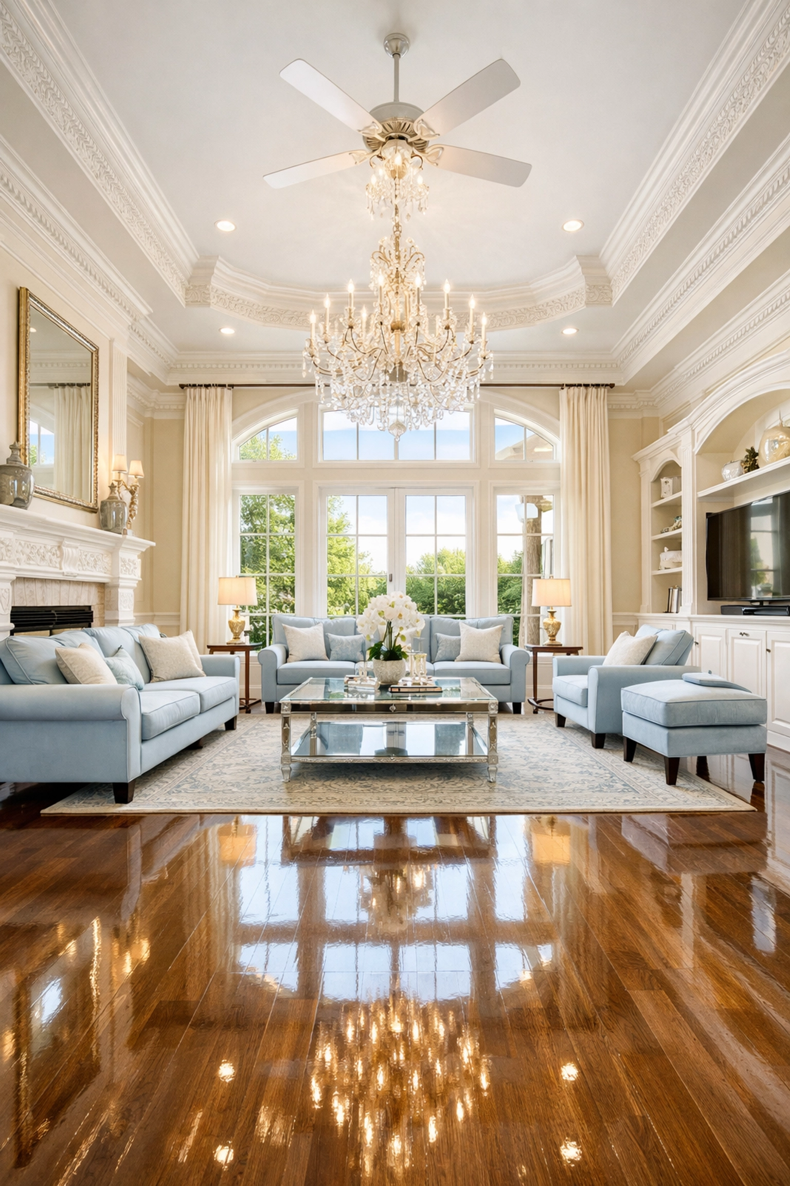 A spotless luxury living room showcasing the results of a structured deep cleaning Franklin plan.