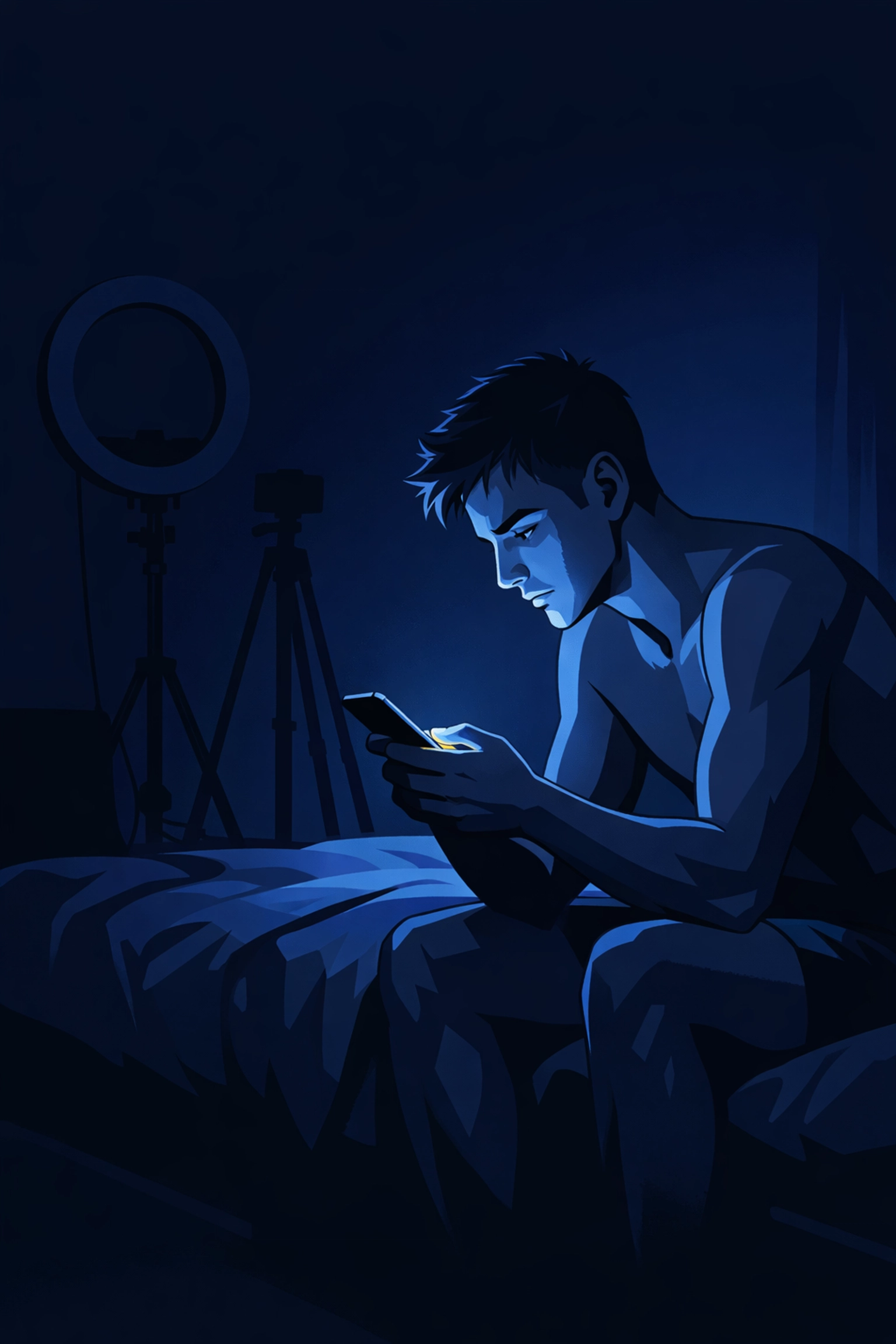 Gay model in a dark room with a phone, depicting the digital pressure found in modern LGBTQ fiction.