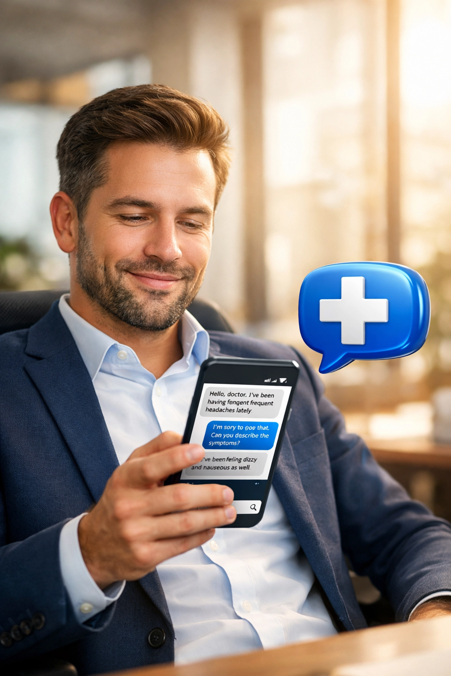 A businessman using 24/7 telehealth chat for an online medical consultation on his smartphone.